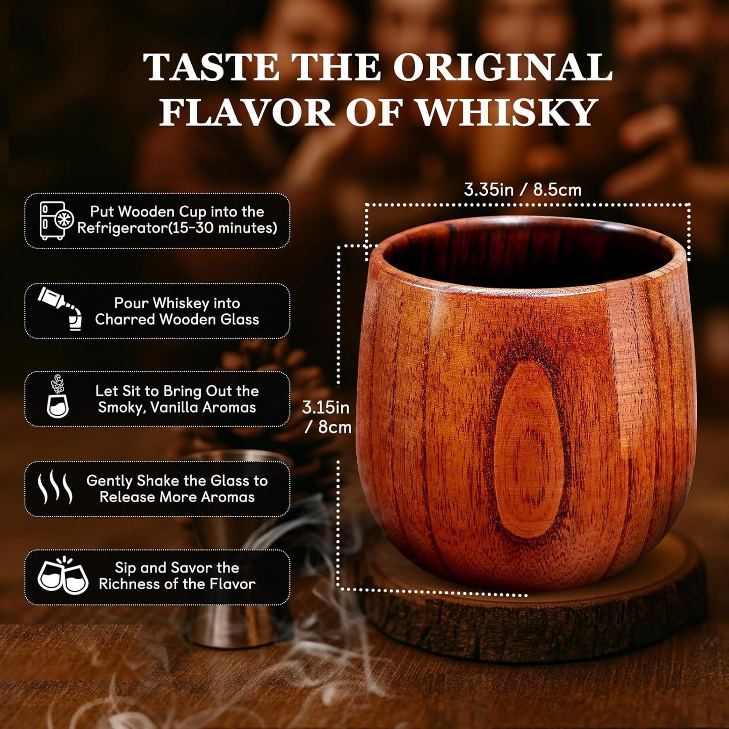 Charred Wooden Whiskey Glass - Bourbon Tumbler with Thickened Base - Old Fashioned Glass Set for Men - Ideal Gift for Dad, Brother (Handmade, Splinter-Free)