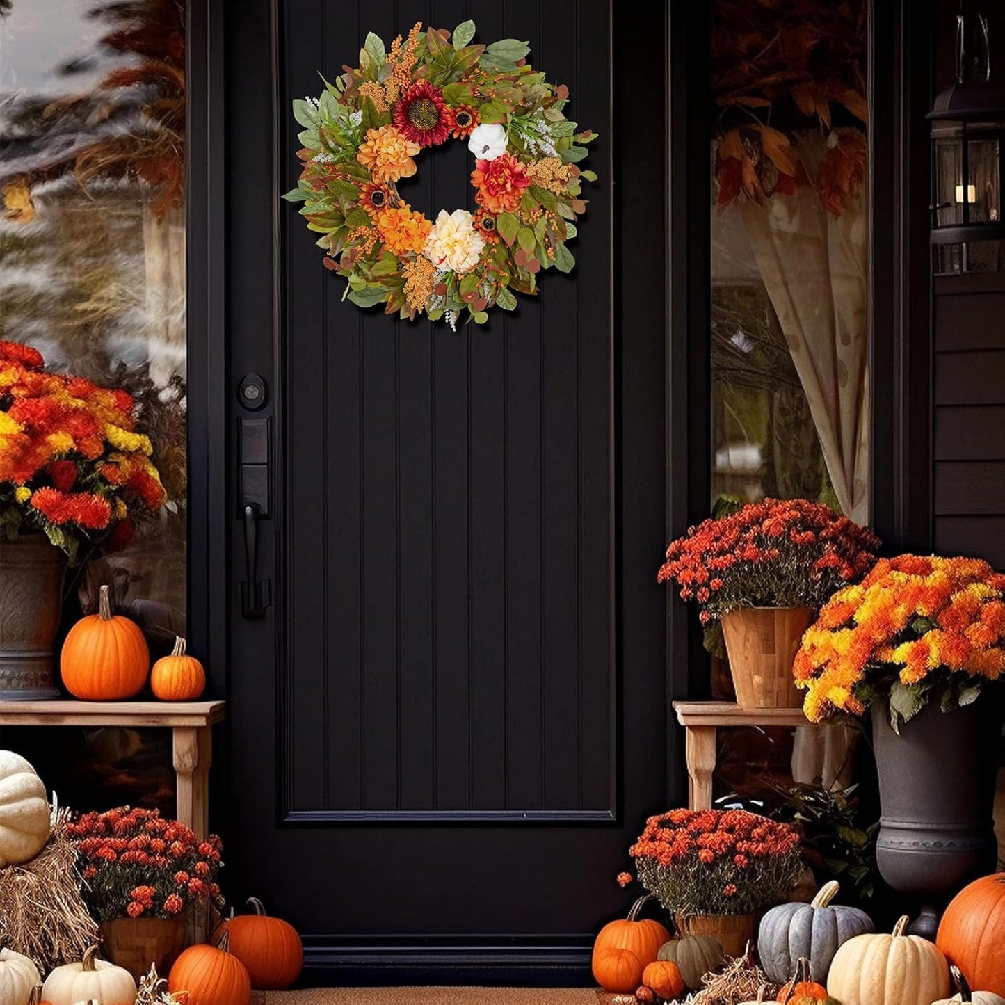 Fall Wreaths for Front Door Outside 23 Inch Fall Wreath with Peonies, Sunflowers & Pumpkins – Outdoor Autumn Wreath for Thanksgiving Halloween & Harvest Decor