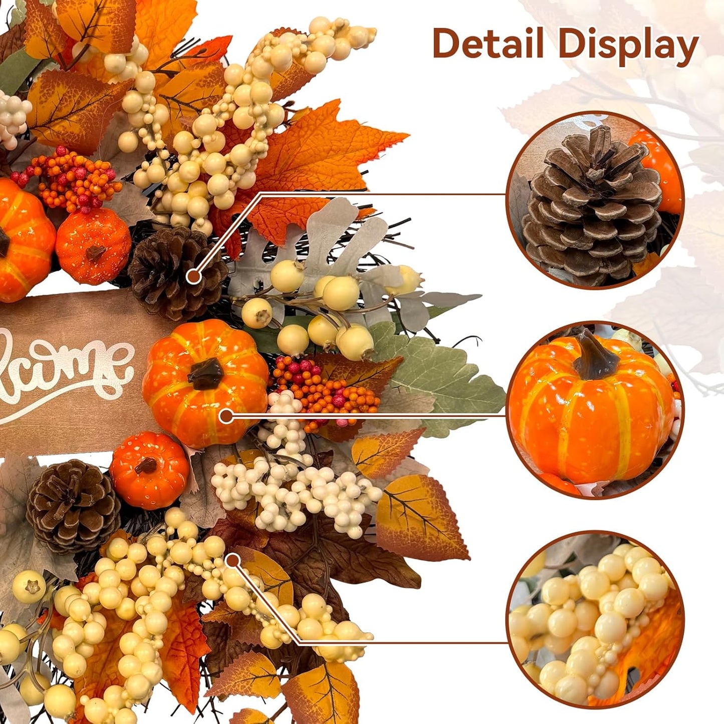20 Inch Fall Wreaths for Front Door with Welcome Sign,Artificial Autumn Wreath with Sunflowers,Pumpkins,Berries and Leaves for Thanksgiving Harvest Farmhouse Home Decor Indoor Outdoor