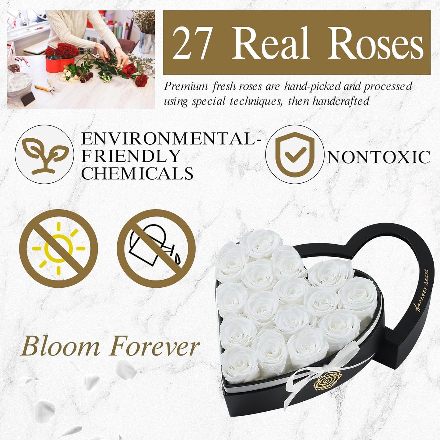 16 Forever Flowers in Heart Shaped Box - Preserved Roses Romantic Gifts for Her, Valentine’s Day, Anniversary, Wedding (White)