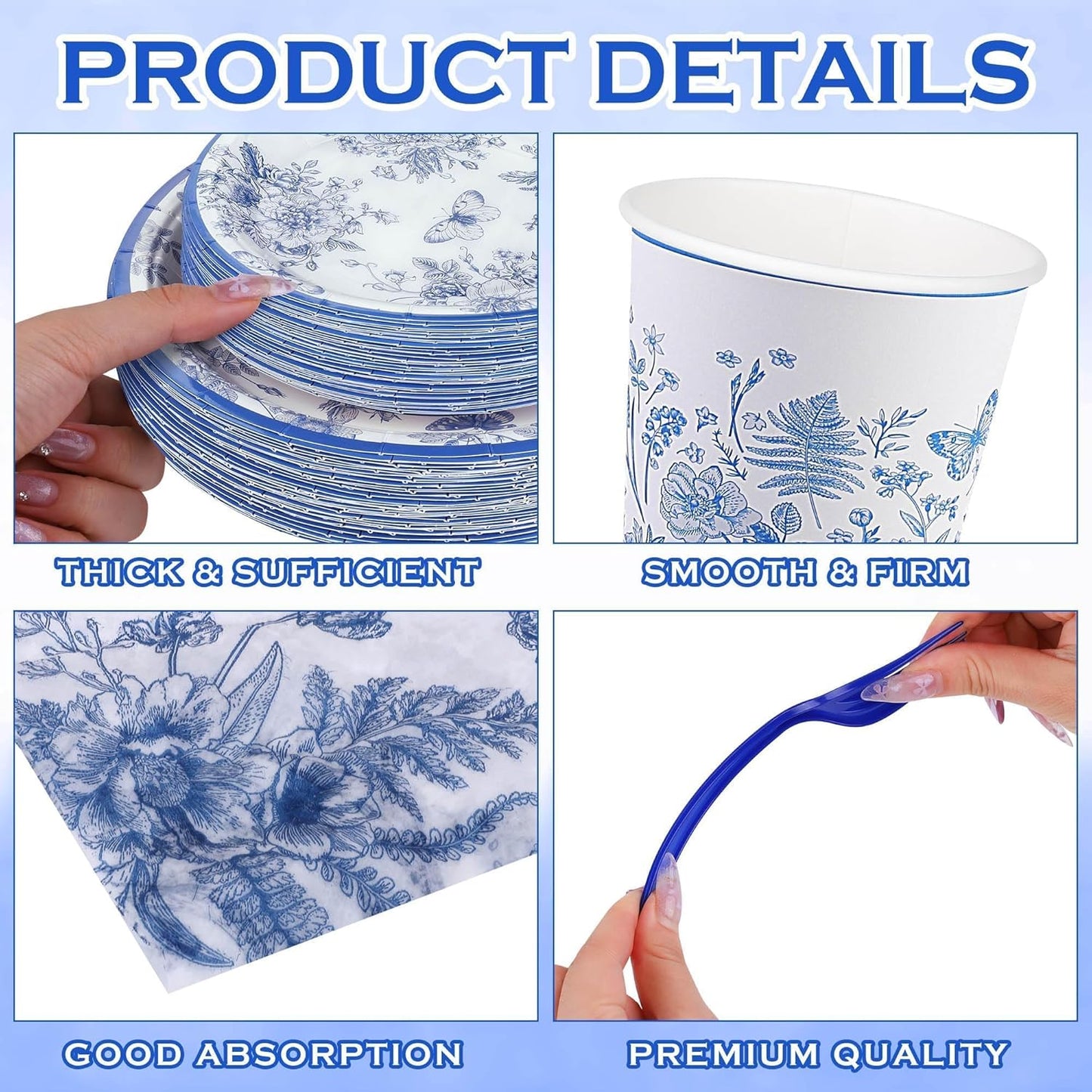 400 Pieces Blue and White Flower Disposable Party Tableware Sets Including Plates Cups Napkins Cutlery Serves 50 for Wedding Birthday Baby Shower Party Decorations