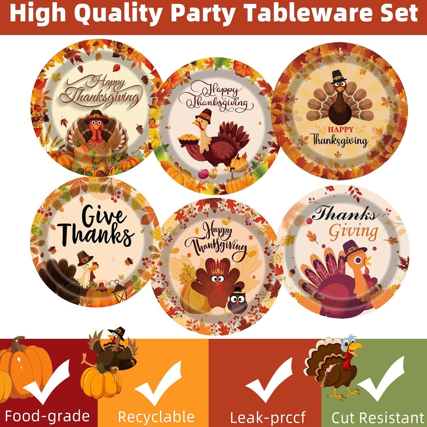 Thanksgiving Turkey Plates 60Pcs 9 Inch Fall Paper Plates With Autumn Maple Leaves Pumpkins for Turkey Party Decoration Supplies