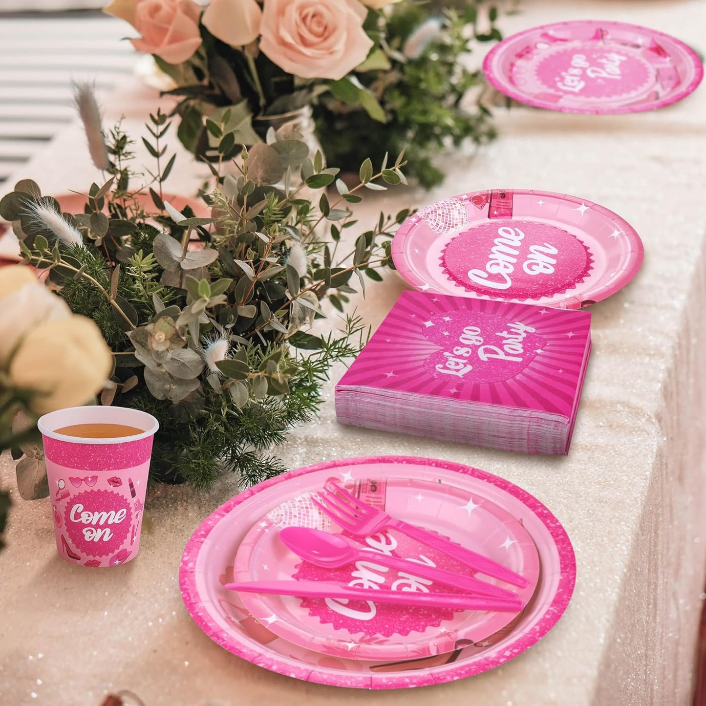 400 Pieces Let's Go Girls Party Tableware Sets Including Disposable Paper Plates Cups Napkins Cutlery Serves 50 for Birthday Disco Pink Cowgirl Bachelorette Party Decorations