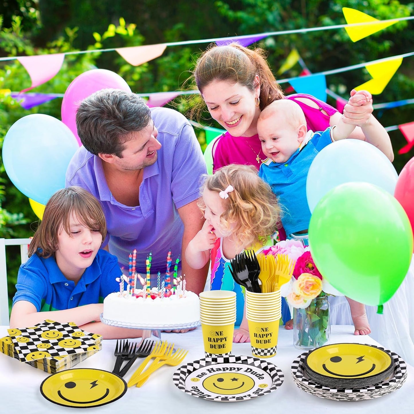 144 Pieces One Happy Dude Party Tableware Sets including Disposable Plates Napkins Cups Forks Serves 24 for Smiley Face 1st Birthday Preppy Party Decorations