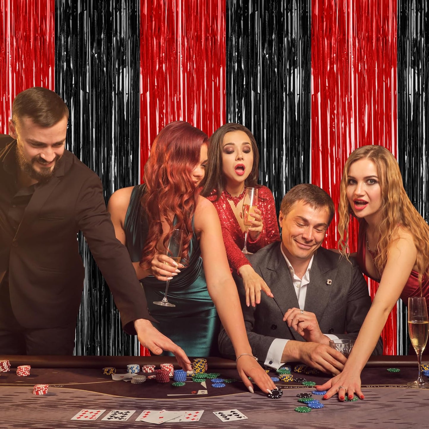4 Pack Halloween Wall Backdrop, 3.28 FT x 7.05 FT Red and Black Party Streamer, Metallic Tinsel Curtains Fringe Backdrop Foil Streamer, Halloween Hanging Decor Casino Theme Party Decorations