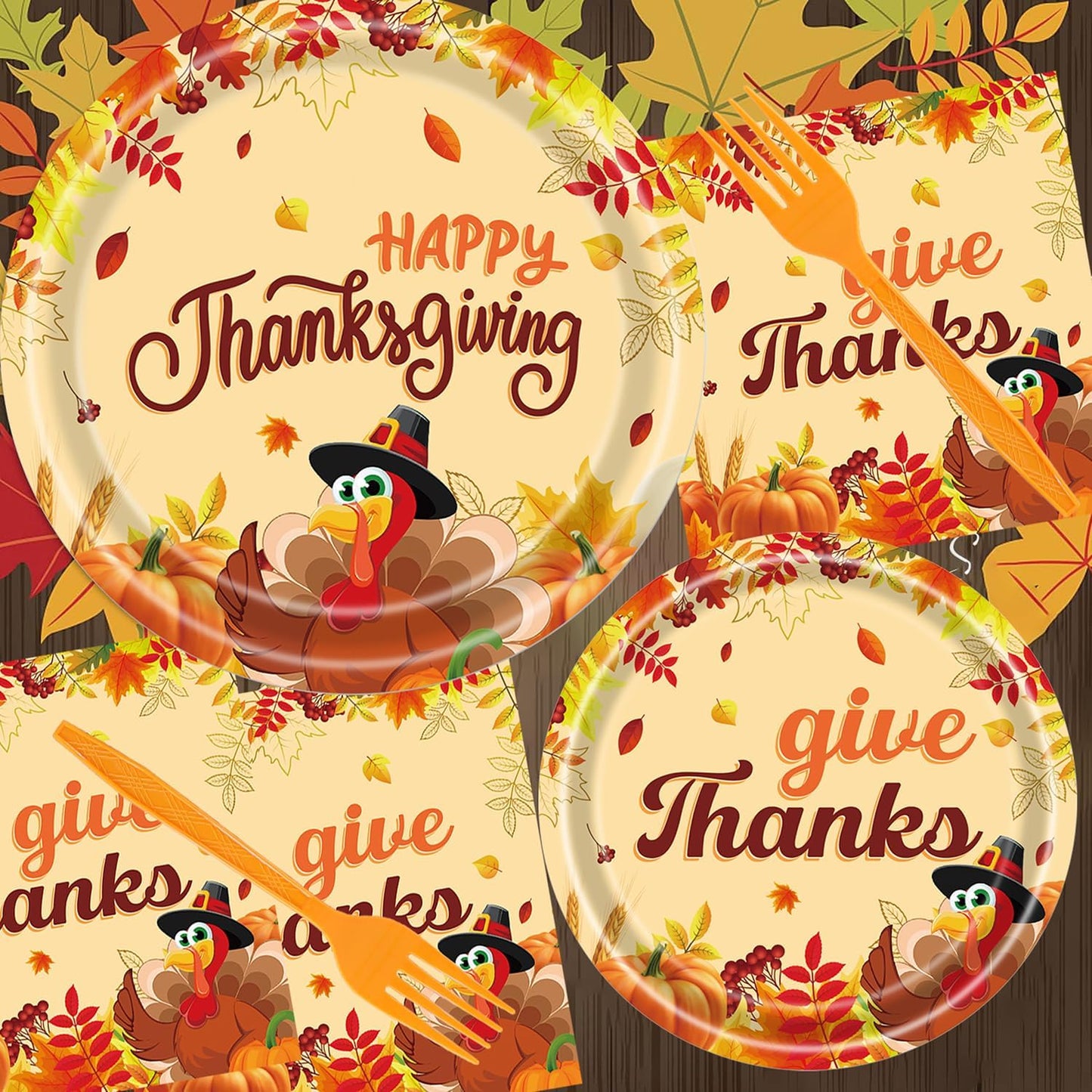 Fall Thanksgiving Party Supplies 96 Pcs Turkey Paper Plates, Napkins, Forks - Pumpkin Autumn Disposable Tableware Set for Harvest Party Decorations