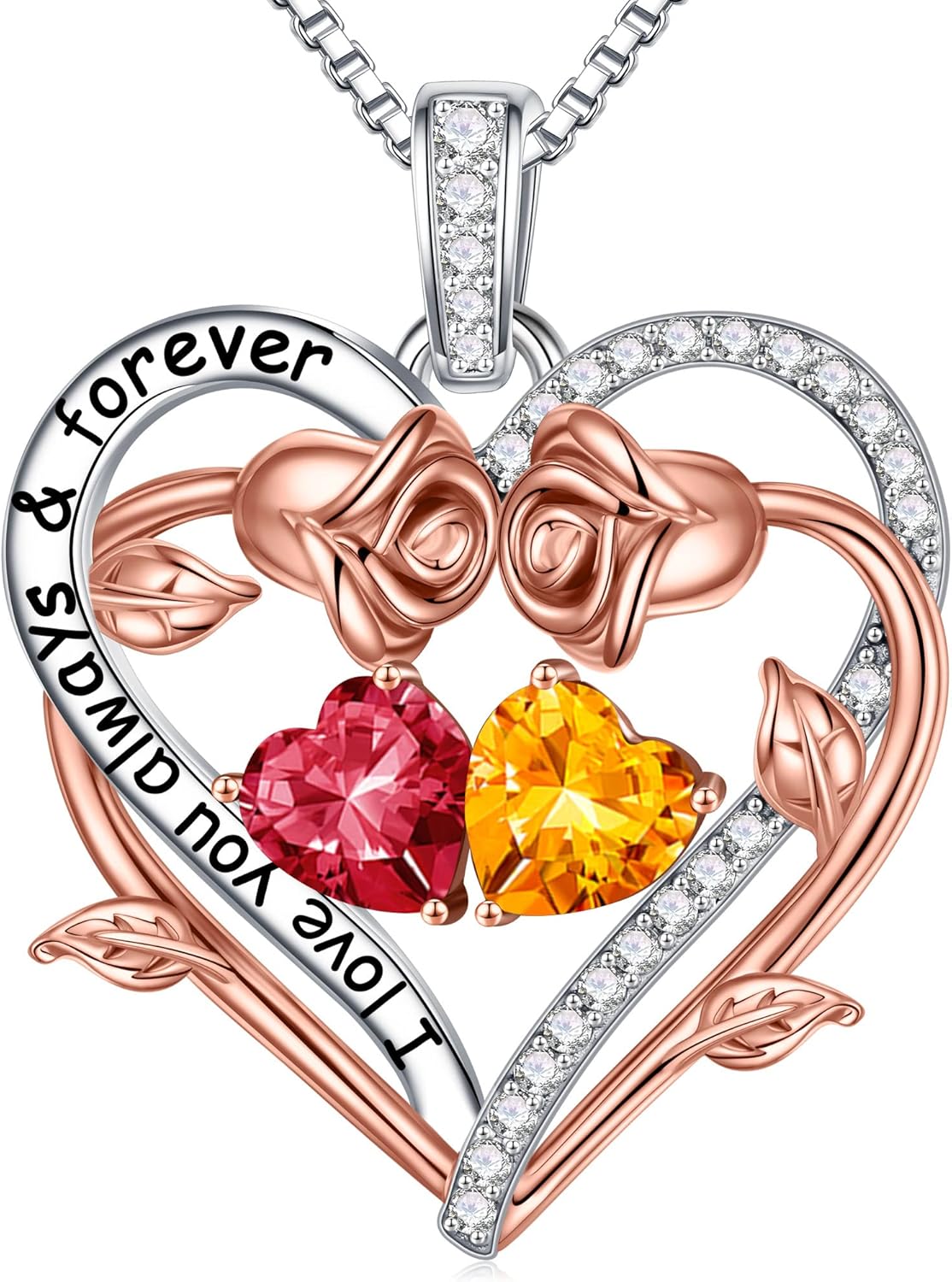 Iefil Rose Heart Double Birthstone Necklace Gifts for Wife Her Mom Women, Birthstone Jewelry Gemstone Birthday Gifts for Girlfriend Grandma Her Wife Women