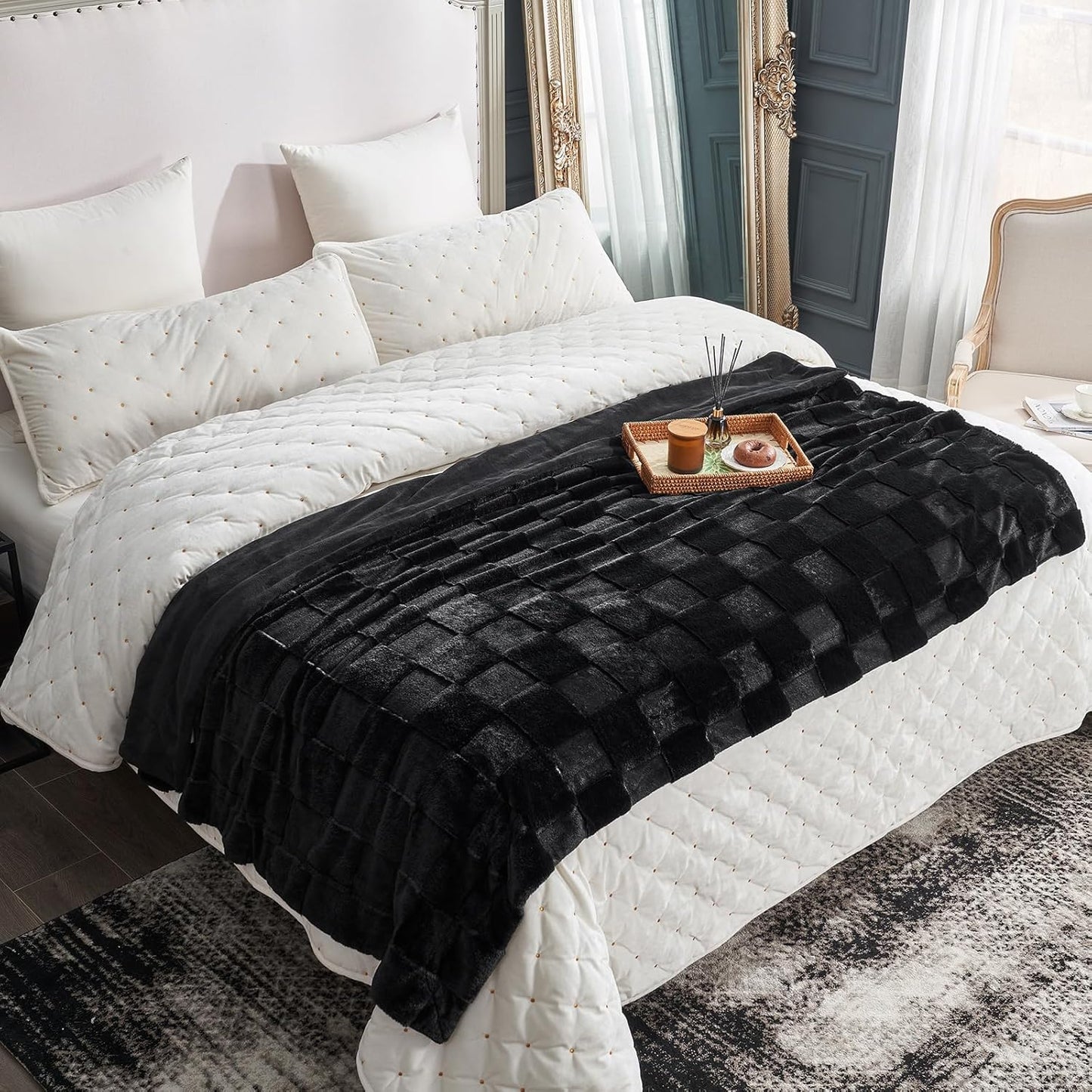 Cozy Bliss Checkered Faux Rabbit Fur Black Throw Blanket, Soft Fuzzy Fluffy Minky Furry Plush Blankets for Couch, Bed (50 * 60 Inches Black)