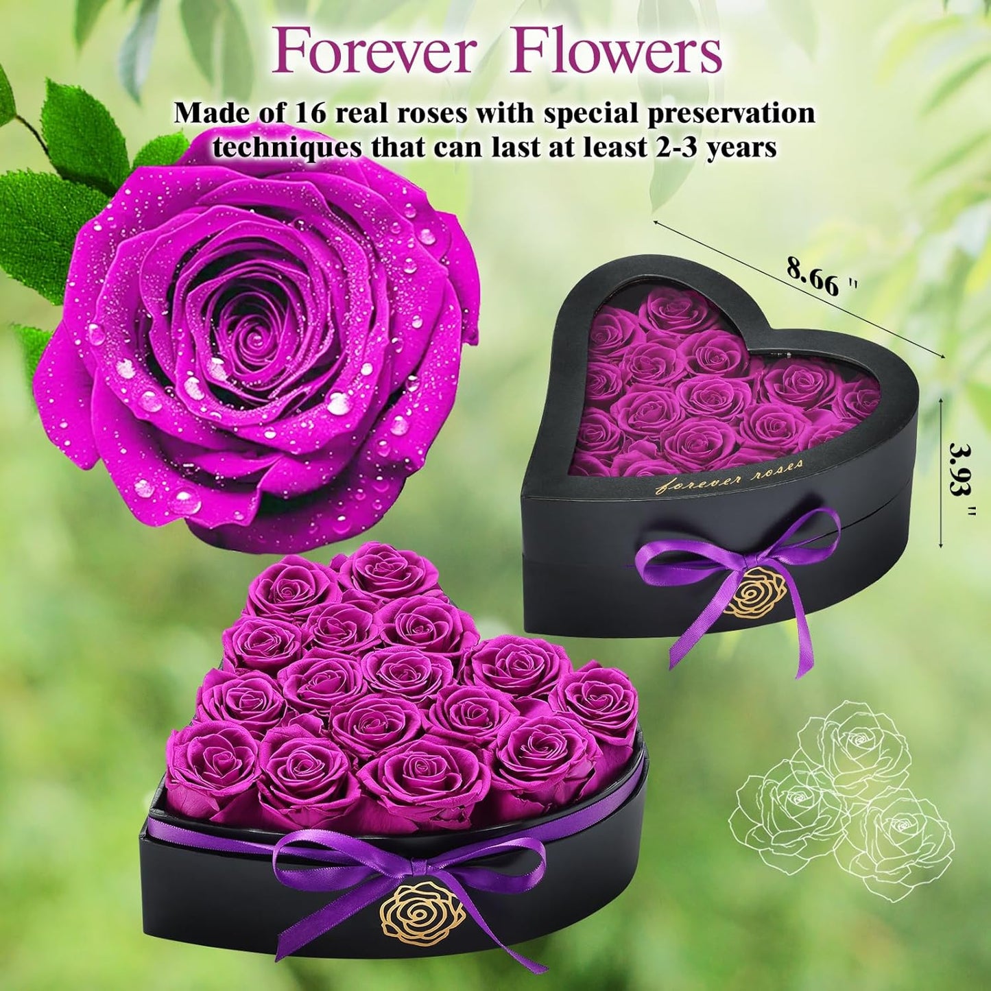 16 Forever Flowers in Heart Shaped Box - Preserved Roses Romantic Gifts for Her, Valentine’s Day, Anniversary, Wedding (Purple)