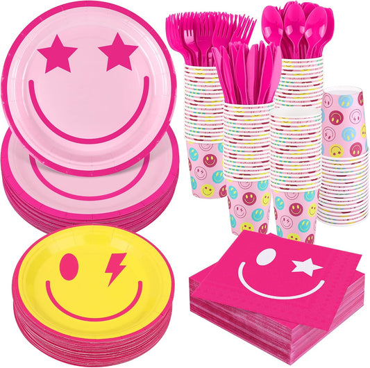 400 Pieces Preppy Smiley Face Party Tableware Set Paper Smile Face Plates Napkins Paper Cups Cutlery for Preppy Birthday Party Decorations Baby Shower Decor, Serve 50 Guest
