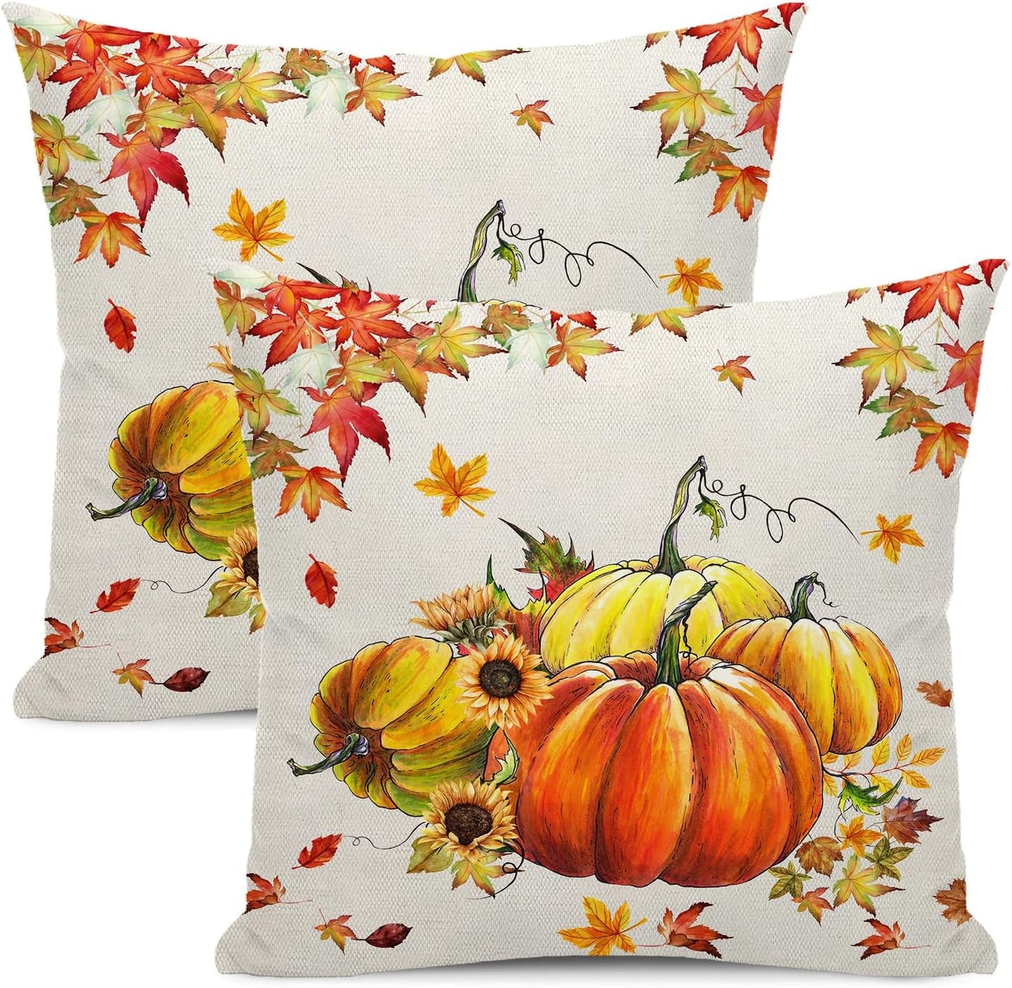 Fall Decor Pillow Covers 18x18 Set of 2 Autumn Thanksgiving Orange Harvest Pumpkin Maple Leaves Fall Decorations Throw Pillow Covers Outdoor Autumn Decorative Farm Cushion Case for Couch Sofa