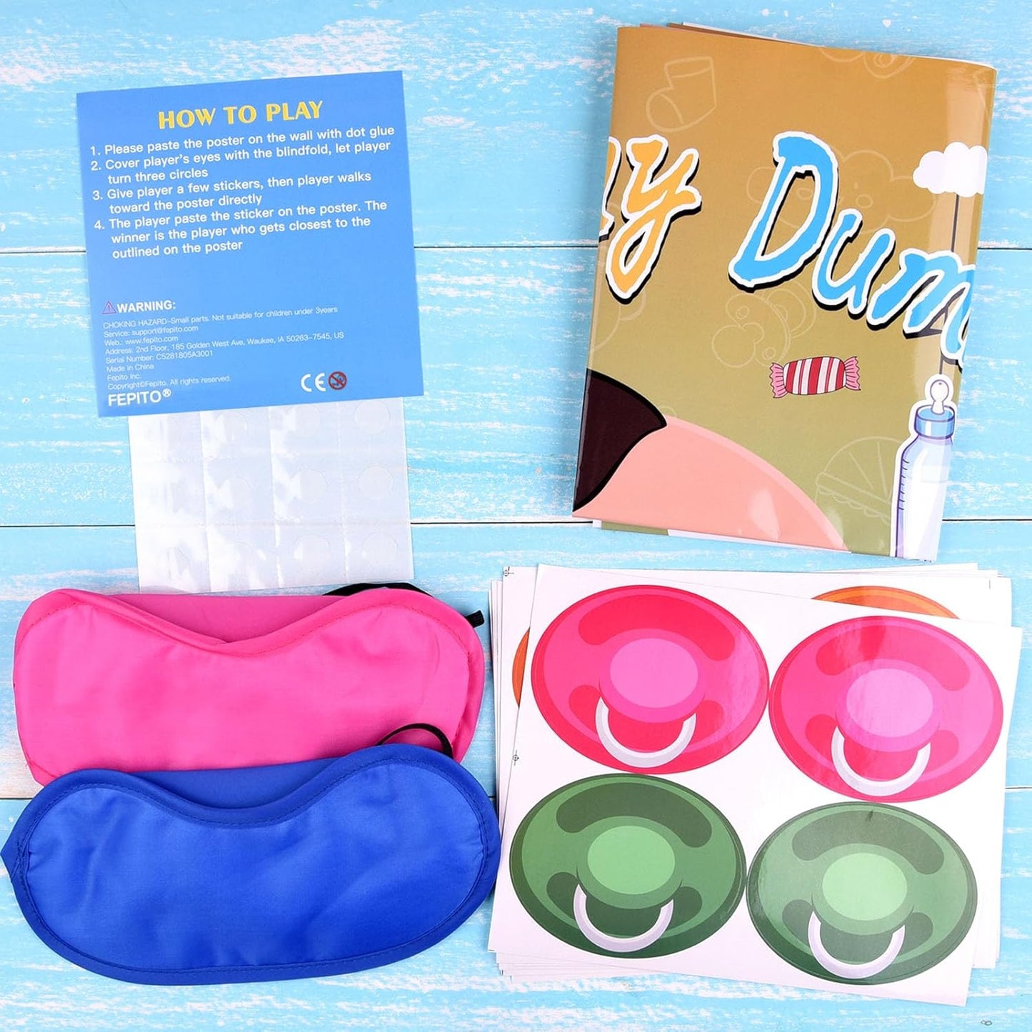 Fepito Baby Shower Party Games - Pin The Dummy On The Baby Game with 24pc Pacifier Stickers