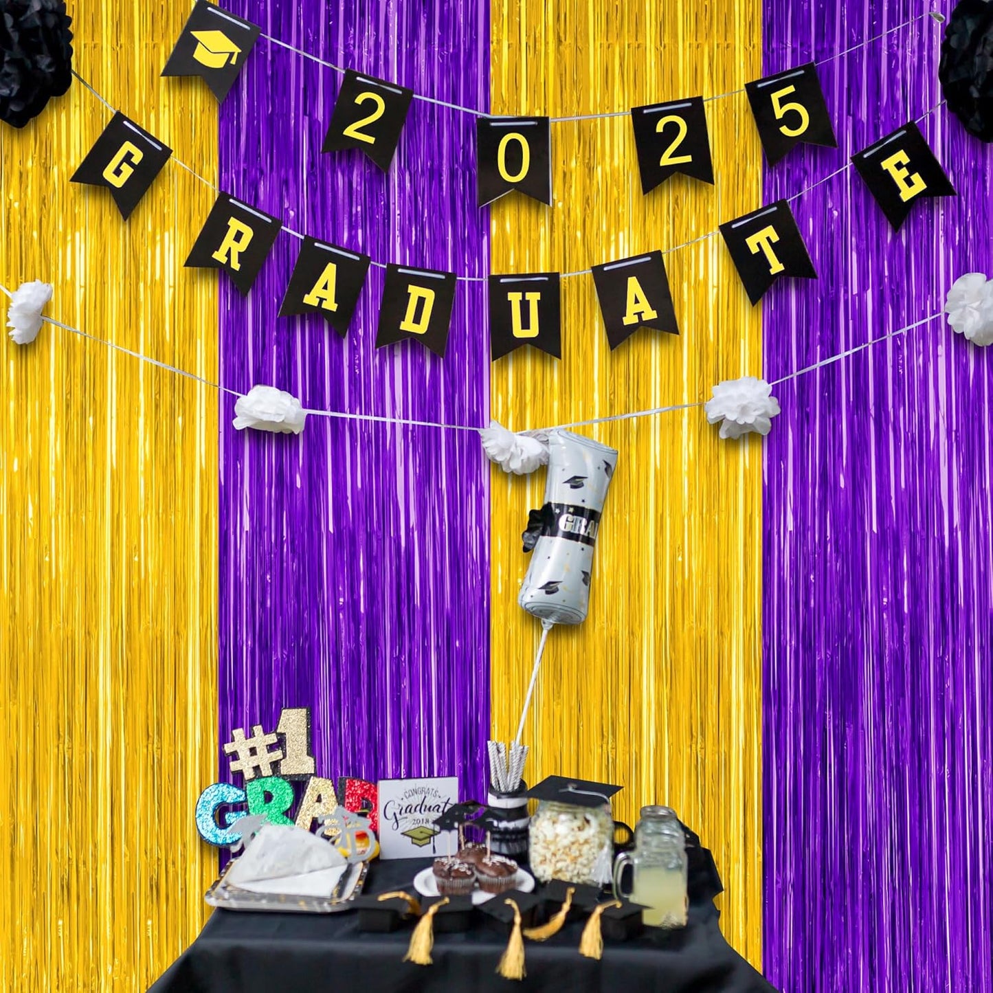 2 Pack Graduation Backdrop, 3.28 FT x 7.05 FT Grad Party Decorations 2025, Purple Gold Backdrop Foil Fringe Curtains, Metallic Purple and Gold Graduation Decorations Class of 2025 Decor