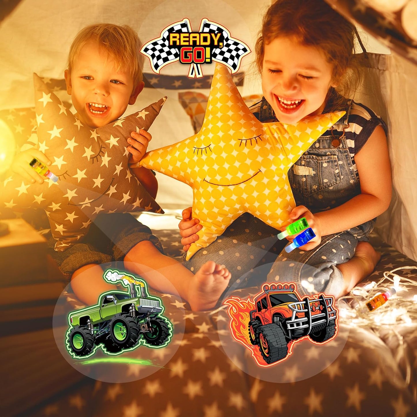 24PCS Monster Truck Party Favors-LED Finger Lights:Glow-in-the-Dark Light-Up Toys Bulk for Kids,Monster Jam Birthday Party Decorations Supplies, Party Goodie Bags, Classroom Prizes, Fun Gifts
