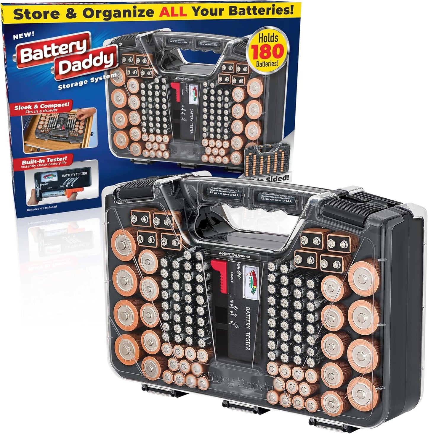 Ontel Battery Daddy Storage & Organizer Case with Tester, Stores & Protects Up to 180 Batteries, Double-Sided, Durable Design W/Clear Locking Lid, Secure Latches & Portable Carrying Handle - Charcoal