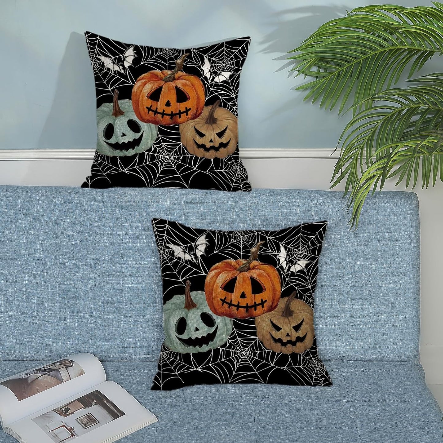 Halloween Decor Pillow Covers 18x18 Set of 2 Spider Web Orange Pumpkin Bat Black Decorative Throw Pillow Covers Outdoor Decoration Autumn Pumpkin Pillowcase Farmhouse Cushion Case for Home Sofa