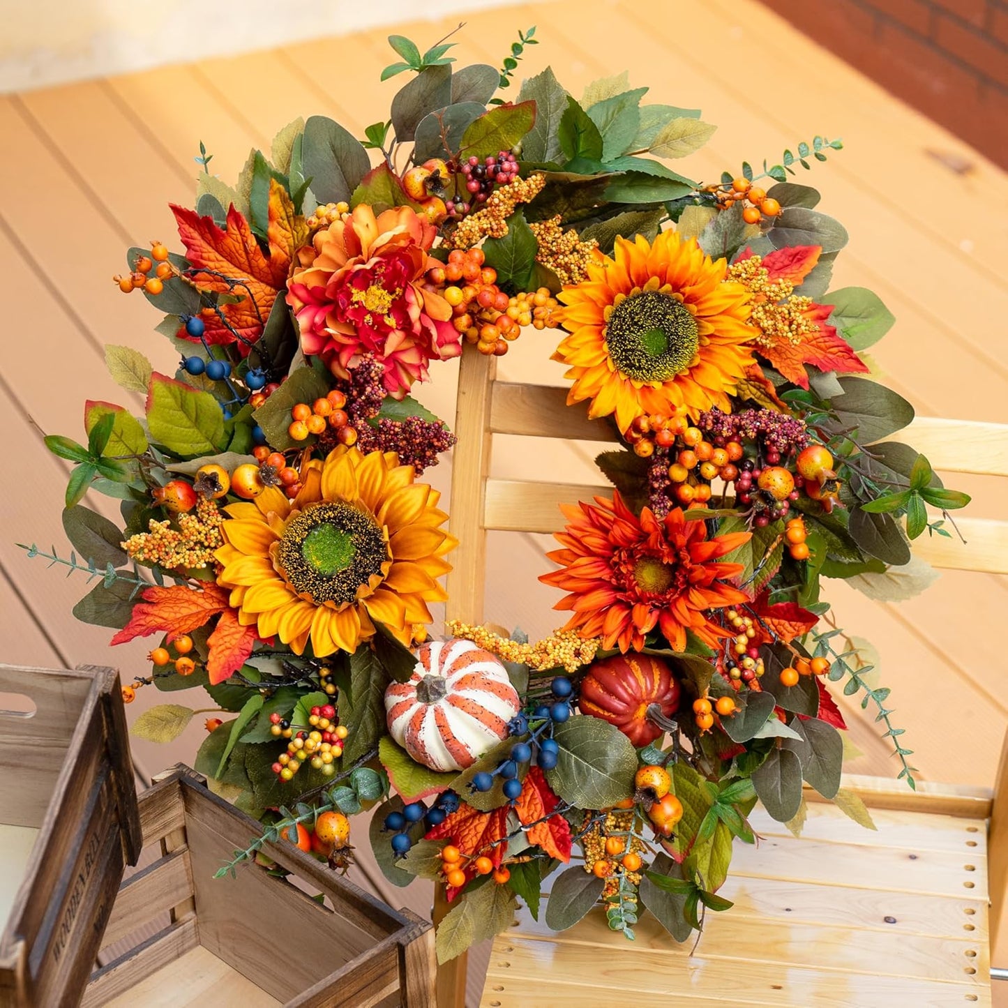 Fall Wreaths for Front Door β 24 Inch Autumn Wreath with Pumpkins, Sunflowers, Berries & Maple Leaves β Fall Door Wreath for Outdoor Thanksgiving, Halloween & Harvest Decor
