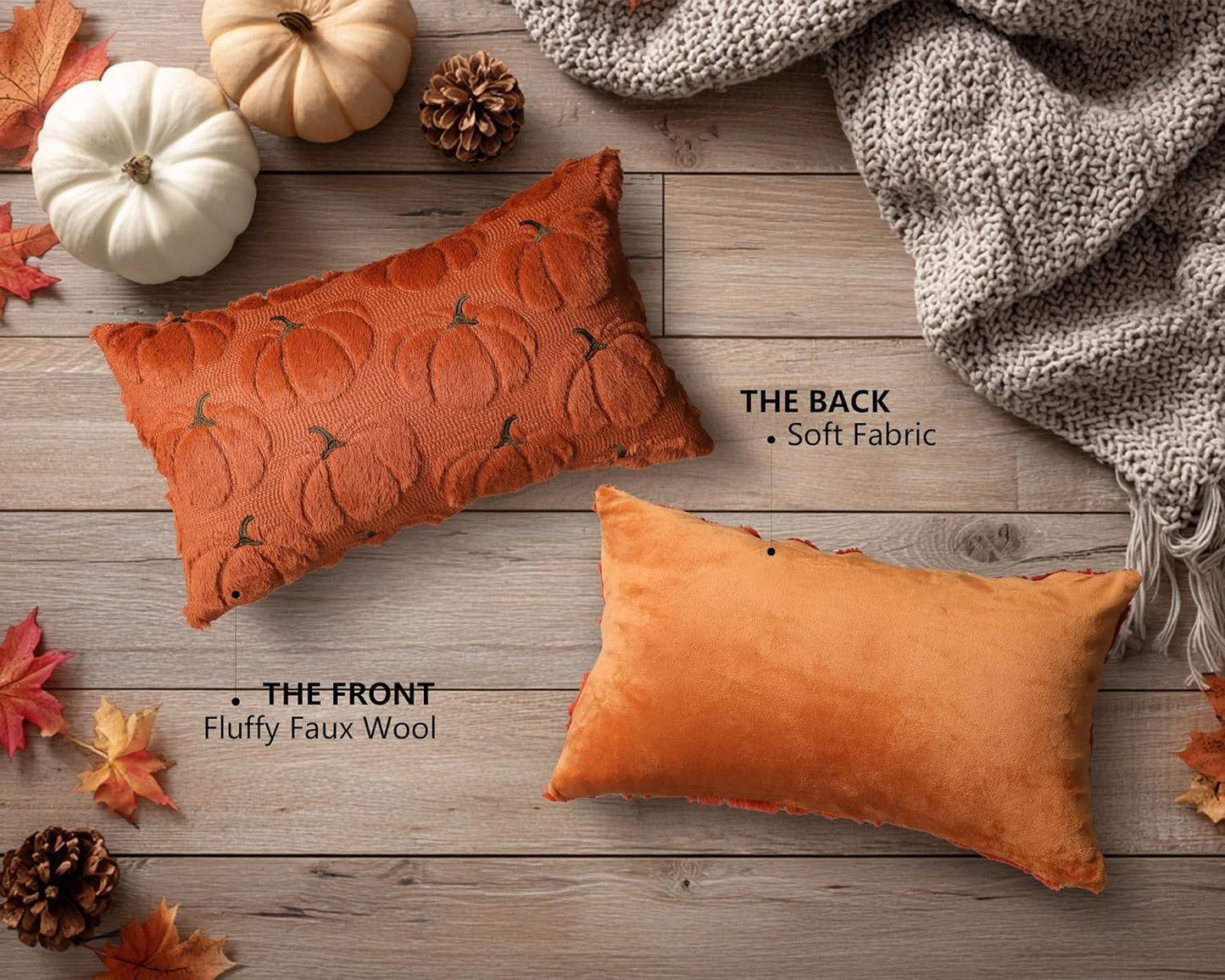 4TH Emotion Fall Pumpkins Decorative Lumbar Pillow Covers 12x20 Set of 2, Dark Rust Red Soft Plush Faux Fur Wool Farmhouse Throw Cushion Cases for Autumn Thanksgiving Holiday Home Decorations