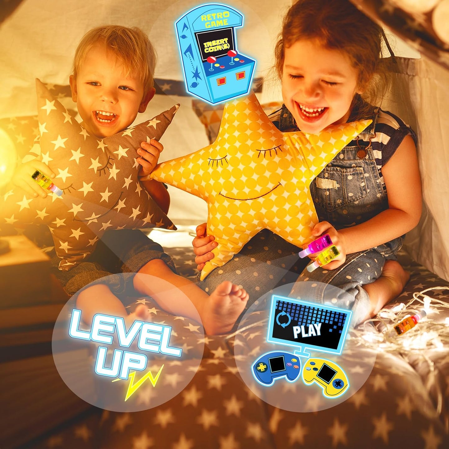 24PCS Video Game Party Favors-LED Finger Lights:Glow-in-the-Dark Light-Up Toys Bulk for Kids,Gamer Birthday Party Decorations Supplies, Party Goodie Bags Stuffers, Classroom Prizes, Fun Gifts