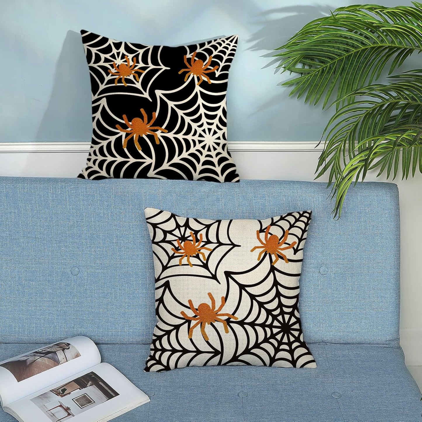 Halloween Pillow Covers 18x18 inch Set of 2 Black and White Spider Web Decorative Decoration Farmhouse Pillow Covers Outdoor Spider Decor Cushion Case for Home Couch Sofa Outdoor