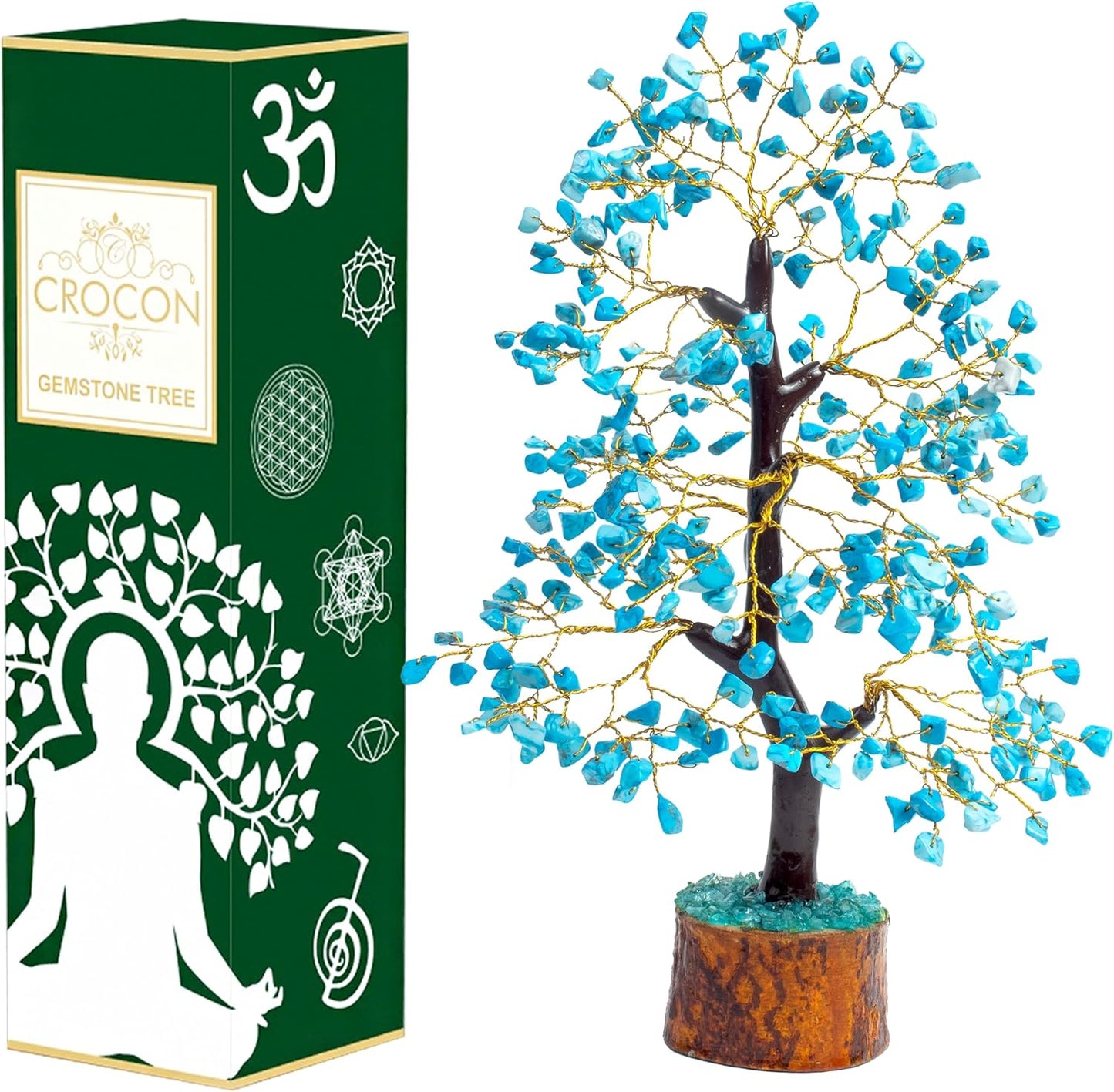 Crocon Turquoise Gemstone Tree Feng Shui Figurine Money Bonsai Good Luck Chakra Balancing Reiki Healing Crystals Decoration Ornament Sculpture Prosperity Table Decor Gift Size 10-12"