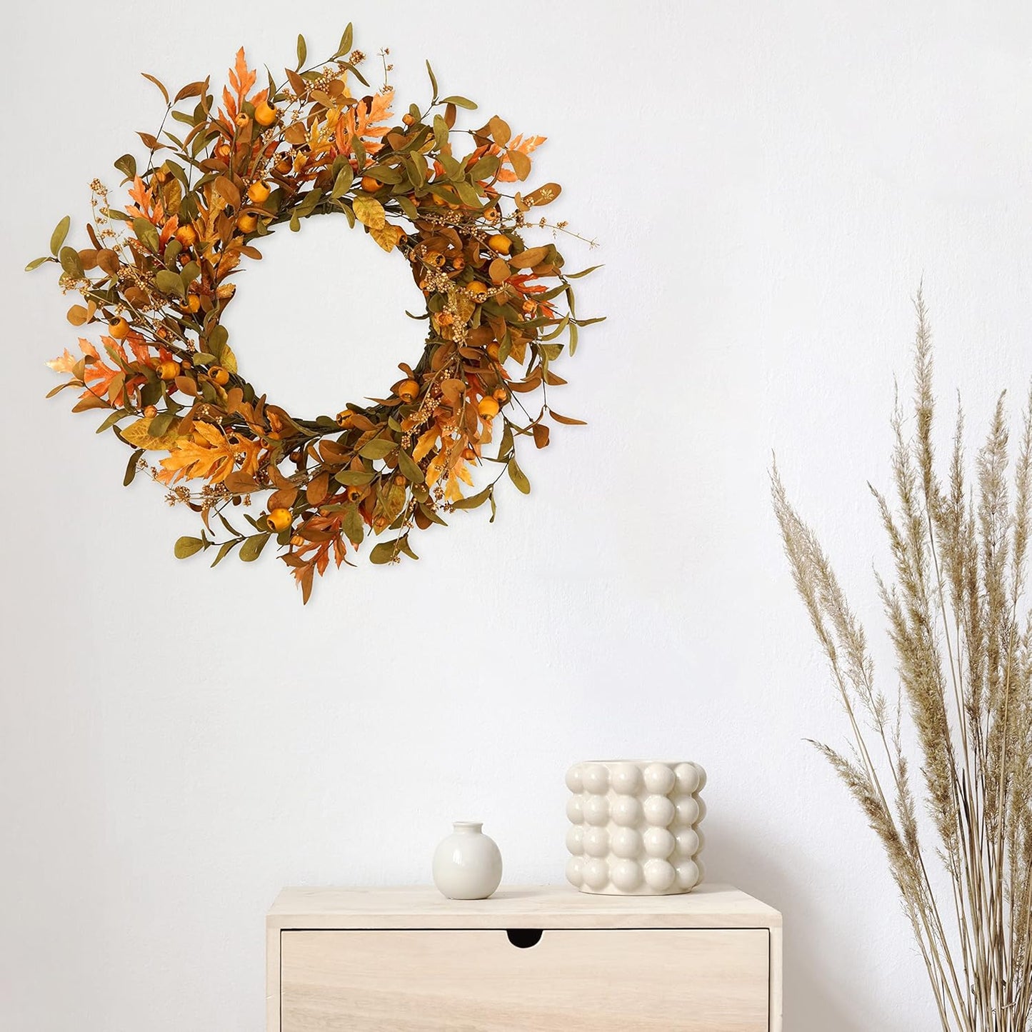 20'' Fall Wreath Autumn Wreath for Front Door with Small Pumpkins and Oak Leaves for Thanksgiving Halloween Home Outdoor Farmhouse Porch Wall Window Decoration,Brown Gift Box Included