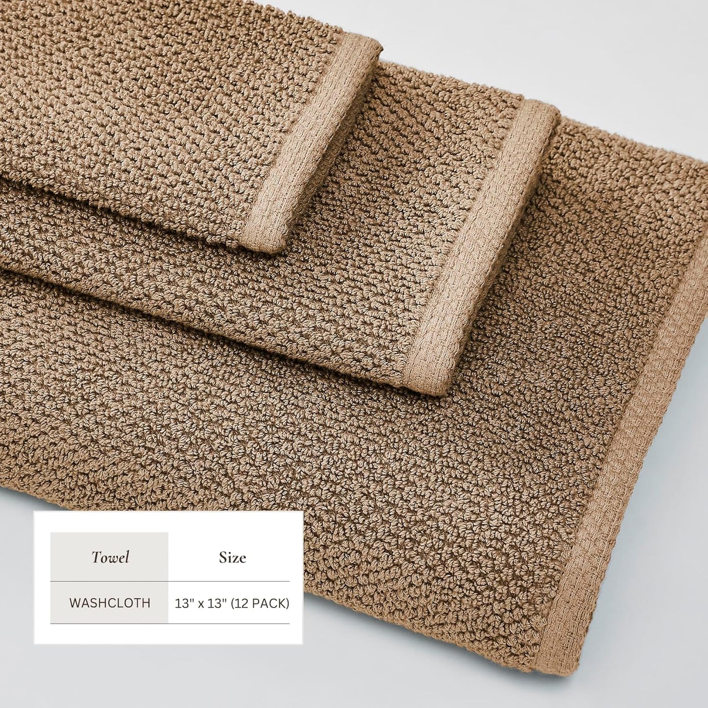 Great Bay Home Taupe Washcloth- 100% Cotton 12-Pack 13x13 Wash Cloth - Absorbent, Quick-Drying, Durable Face Towels for Bathroom Decor - Low-Twist, Two-Ply Fibers (Mocha)