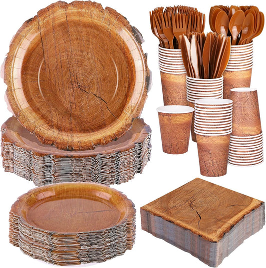 400 Pieces Wood Grain Slice Disposable Party Tableware Sets Rustic Wood Party Supplies Including Plates Cups Napkins Cutlery Serves 50 for Camping Birthday Forest Themed Party Decorations
