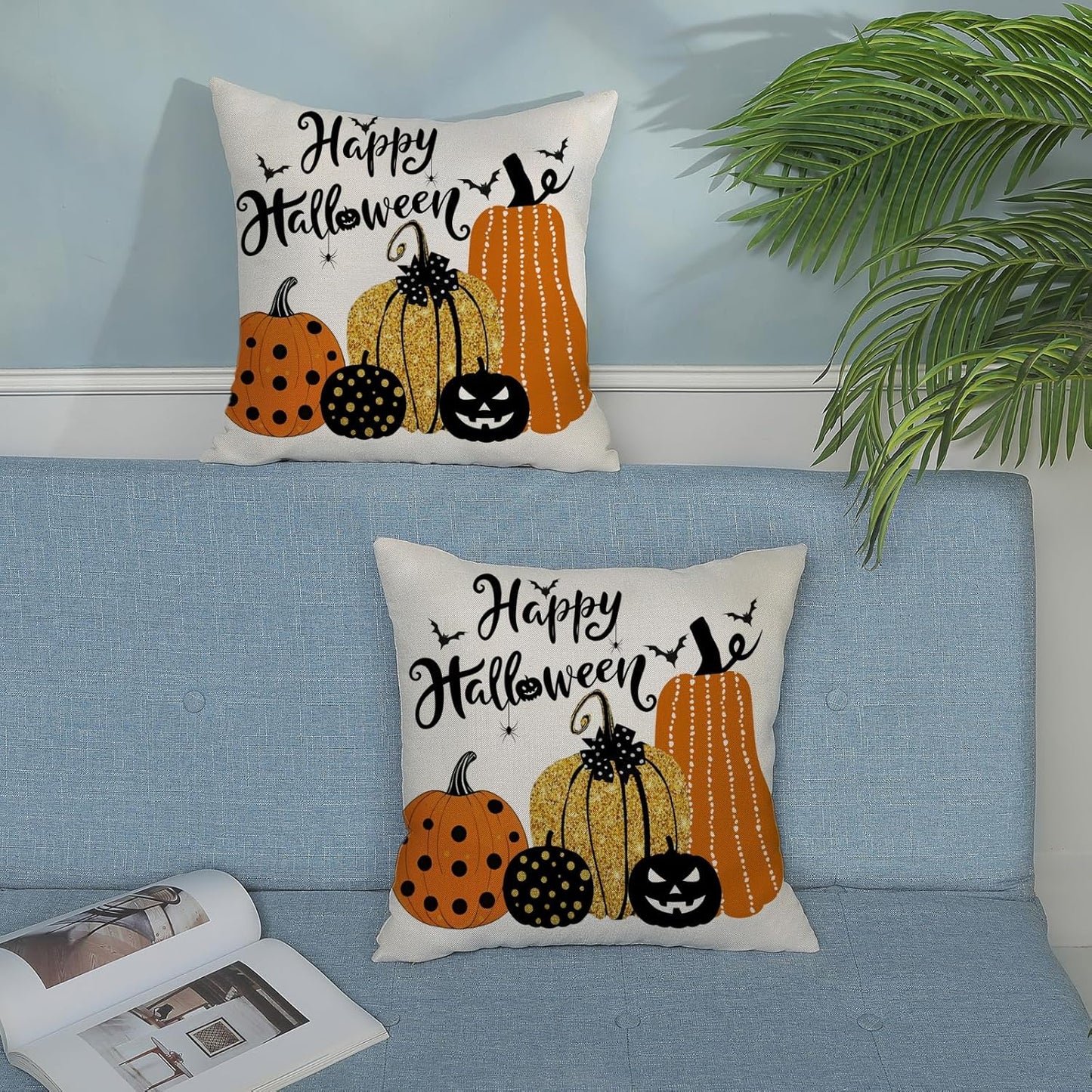 Halloween Pillow Covers 18x18 inches Set of 2 Orange Black Pumpkin Decorative Farmhouse Throw Pillow Covers Outdoor Autumn Halloween Decoration Pillowcase Farmhouse Cushion Case for Couch Sofa