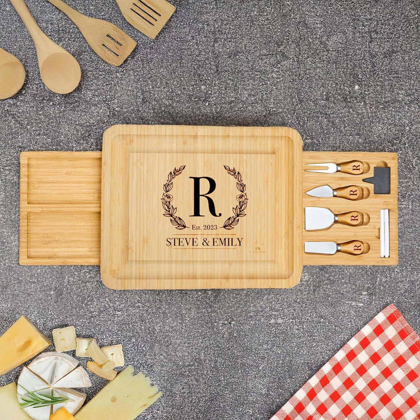 RoyalHouse Personalized Charcuterie Board, Custom Bamboo Engraved Cheese Board, Customized Gifts, Bridal Shower Gifts, Perfect for Personalized Christmas Gift