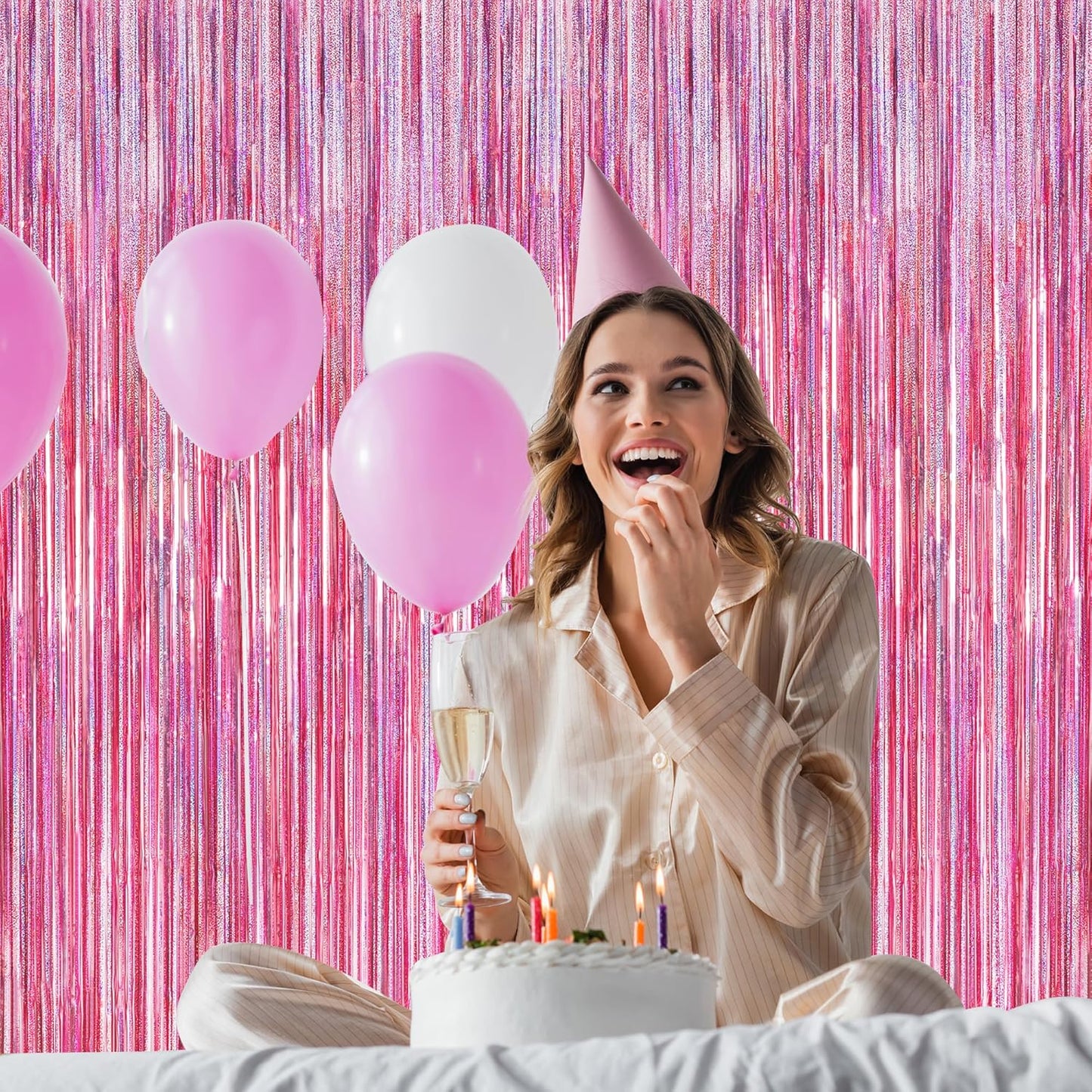 2 Pack Glitter Pink Backdrop, 3.28 FT x 7.05 FT Birthday Party Decorations, Laser Pink Fringe Curtains Foil Streamer Tinsel, Pink Curtains Photo Backdrop Happy Birthday Backdrop
