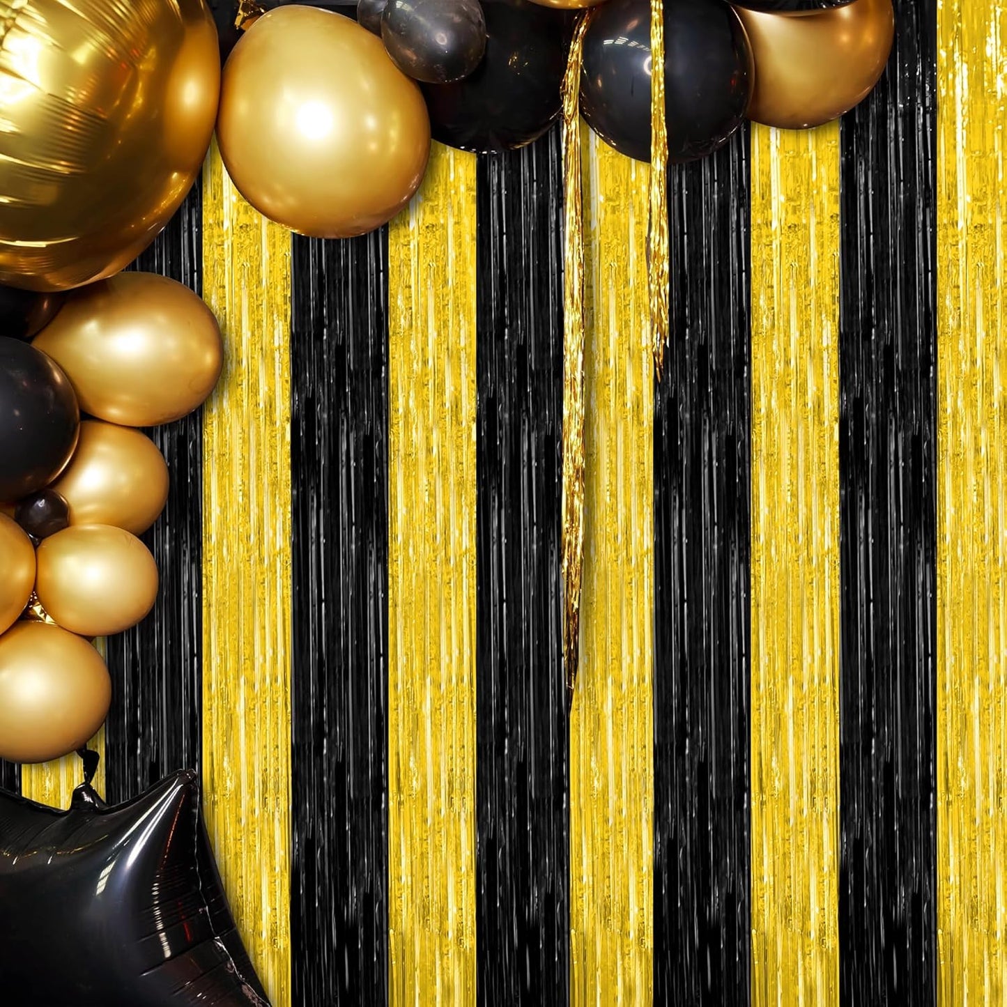 2 Pack Graduation Backdrop, 3.28 FT x 7.05 FT Black and Gold Foil Fringe Curtains, Metallic Foil Curtain Graduation Backdrop, Grad Party Supplies Black and Gold Party Decorations Class of 2025