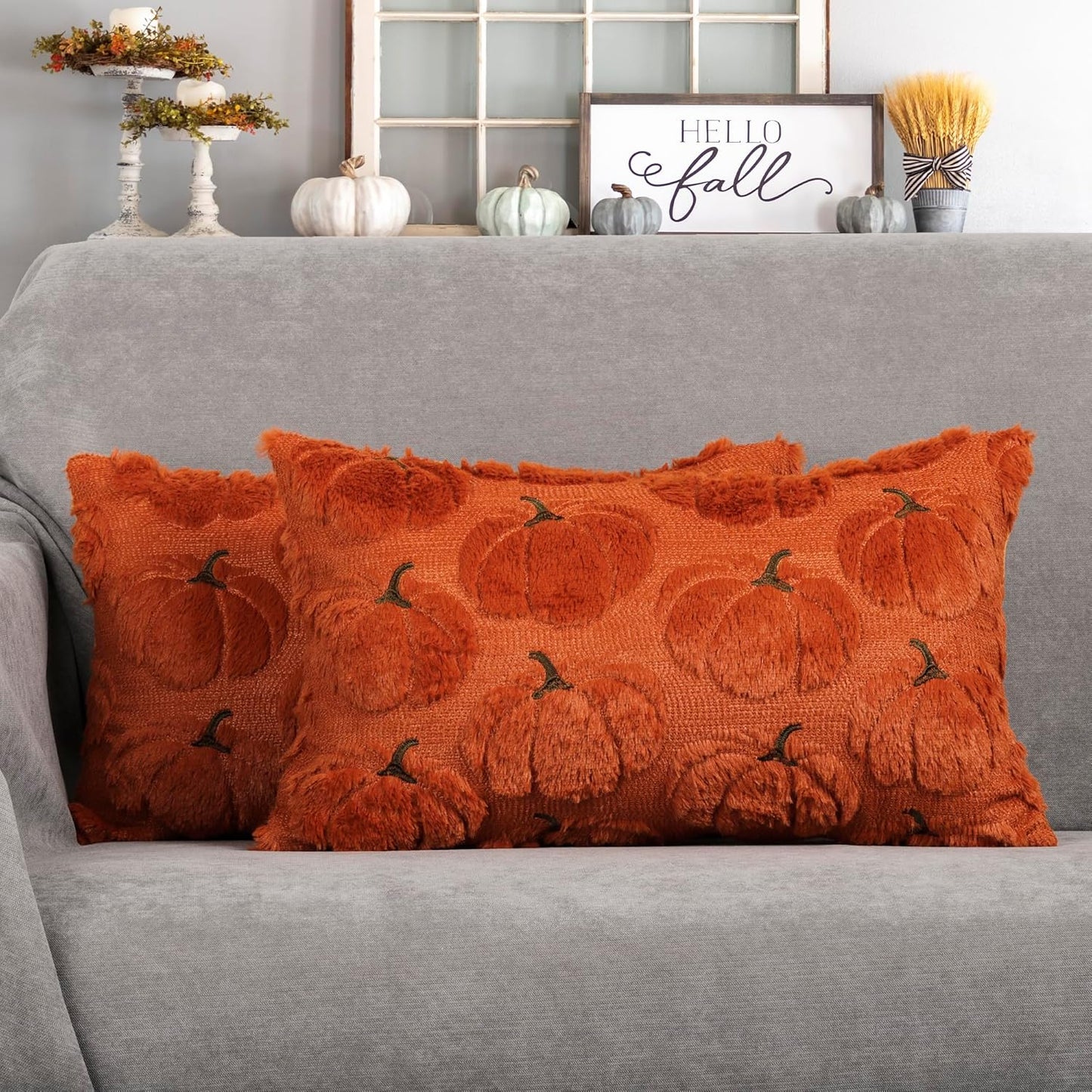 4TH Emotion Fall Pumpkins Decorative Lumbar Pillow Covers 12x20 Set of 2, Dark Rust Red Soft Plush Faux Fur Wool Farmhouse Throw Cushion Cases for Autumn Thanksgiving Holiday Home Decorations