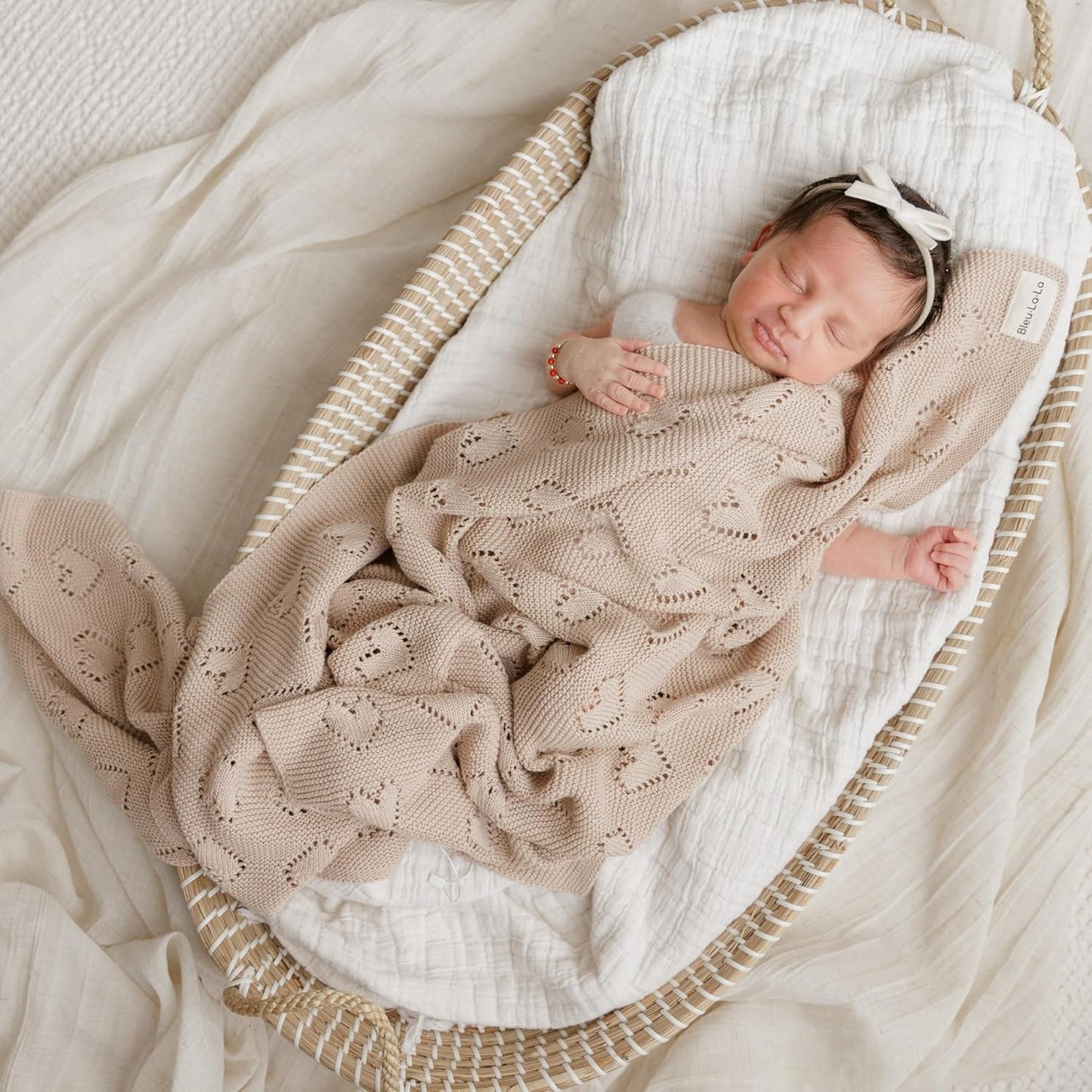 100% Luxury Cotton Heart Swaddle Knit Baby Blanket for Girls and Boys - Soft Warm Cozy Swaddling Receiving Stroller Crib Blanket for Newborns Infants & Toddlers (Oatmeal, 0-2 Years)