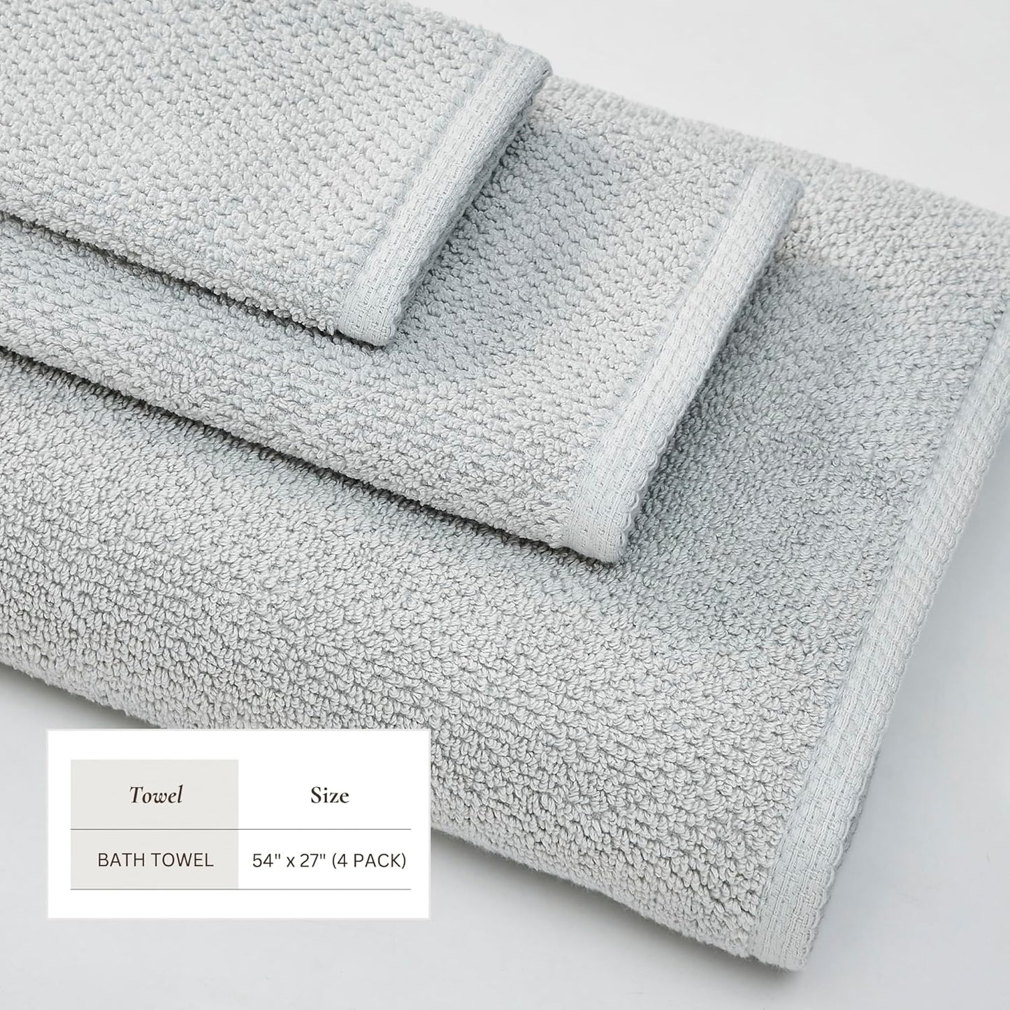 Grey Bath Towels - 100% Cotton 4 Pack 54x27 Bath Towel Set - Absorbent, Quick-Drying, Durable Towels for Bathroom Decor - Low-Twist, Two-Ply Fibers (Light Grey)
