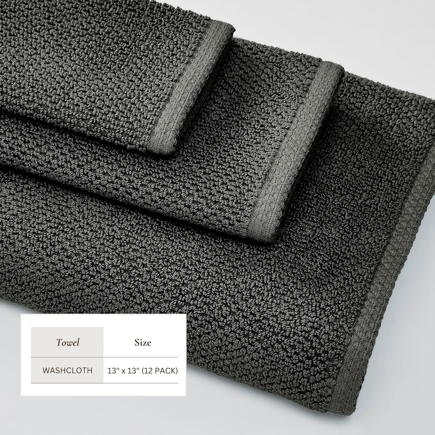 Dark Grey Washcloth- 100% Cotton 12-Pack 13x13 Wash Cloth - Absorbent, Quick-Drying, Durable Face Towels for Bathroom Decor - Low-Twist, Two-Ply Fibers (Midnight)