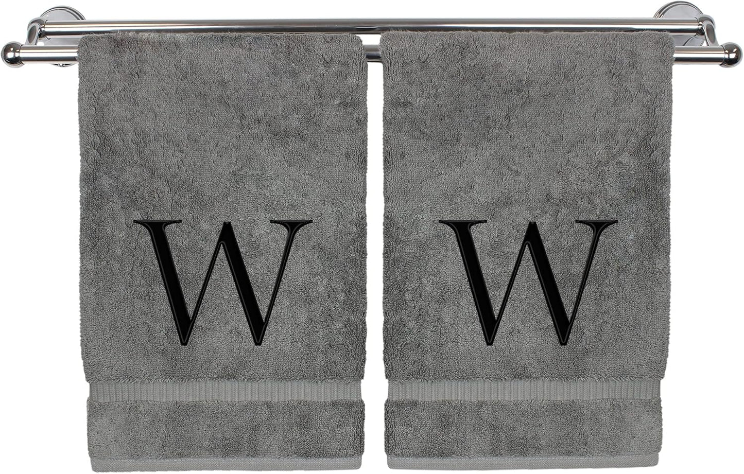Monogrammed Hand Towel, Personalized Gift, Set of 2- Black Block Letter Embroidered Towel - Extra Absorbent 100% Turkish Cotton - Soft Terry Finish - Initial W Gray