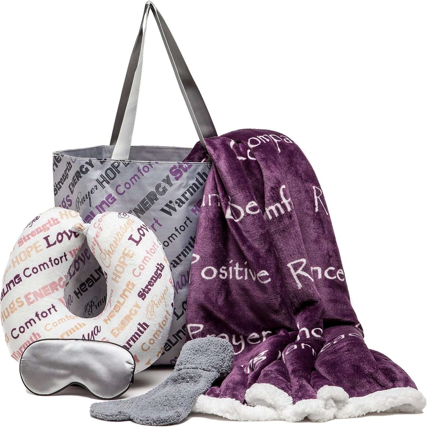 Chanasya 5-Piece Warm Hugs Positive Energy Healing Thoughts Comfort Caring Message Print Combo Gift Pack Throw Blanket, Neck Pillow, Eye Mask, Tote Bag, Socks - for Women Men Cancer Hospital Aubergine