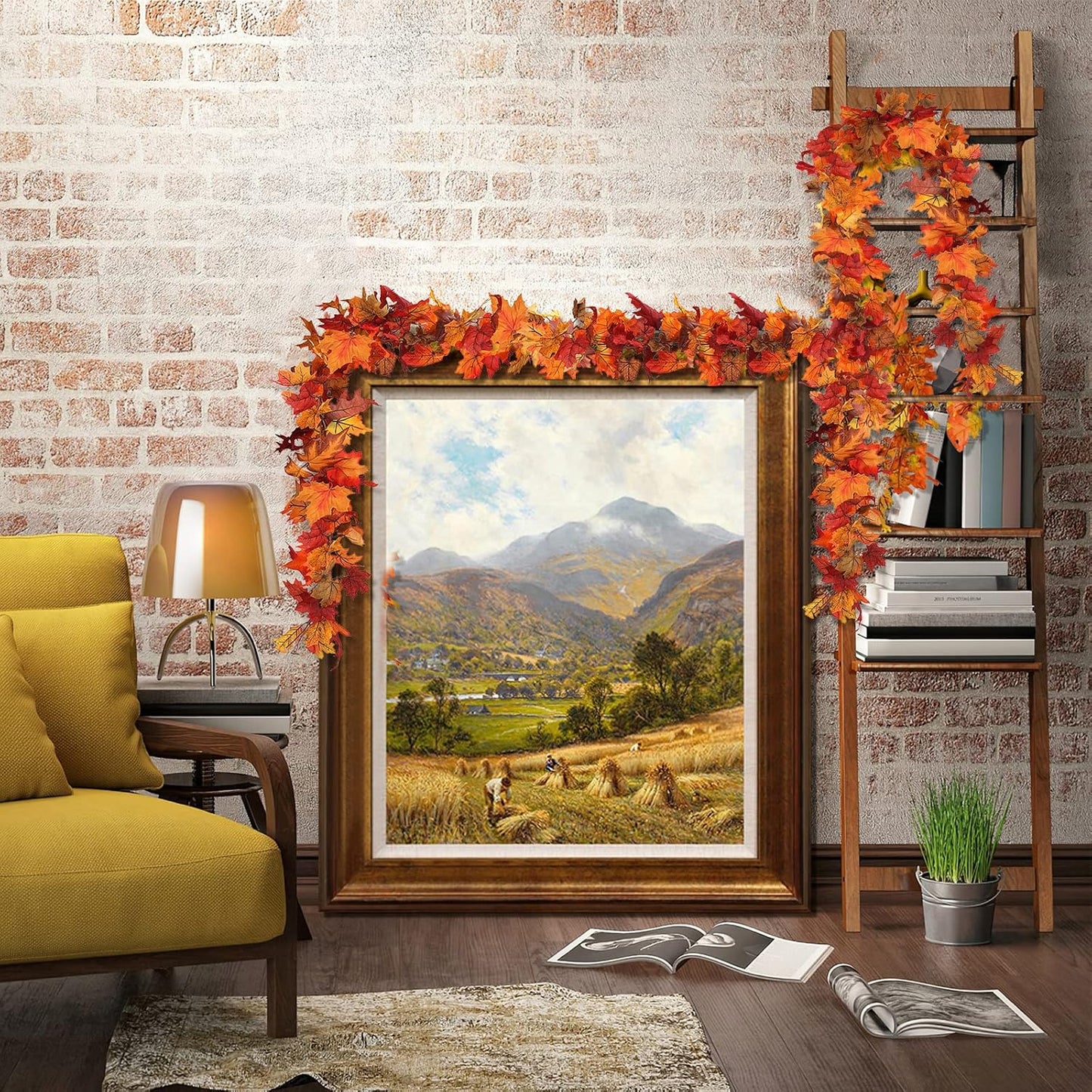 CQURE 8 Pack Fall Leaf Garland, Hanging Fall Vines Autumn Garland Artificial Maple Fall Leaves Thanksgiving Decor for Home Wedding Fireplace Party