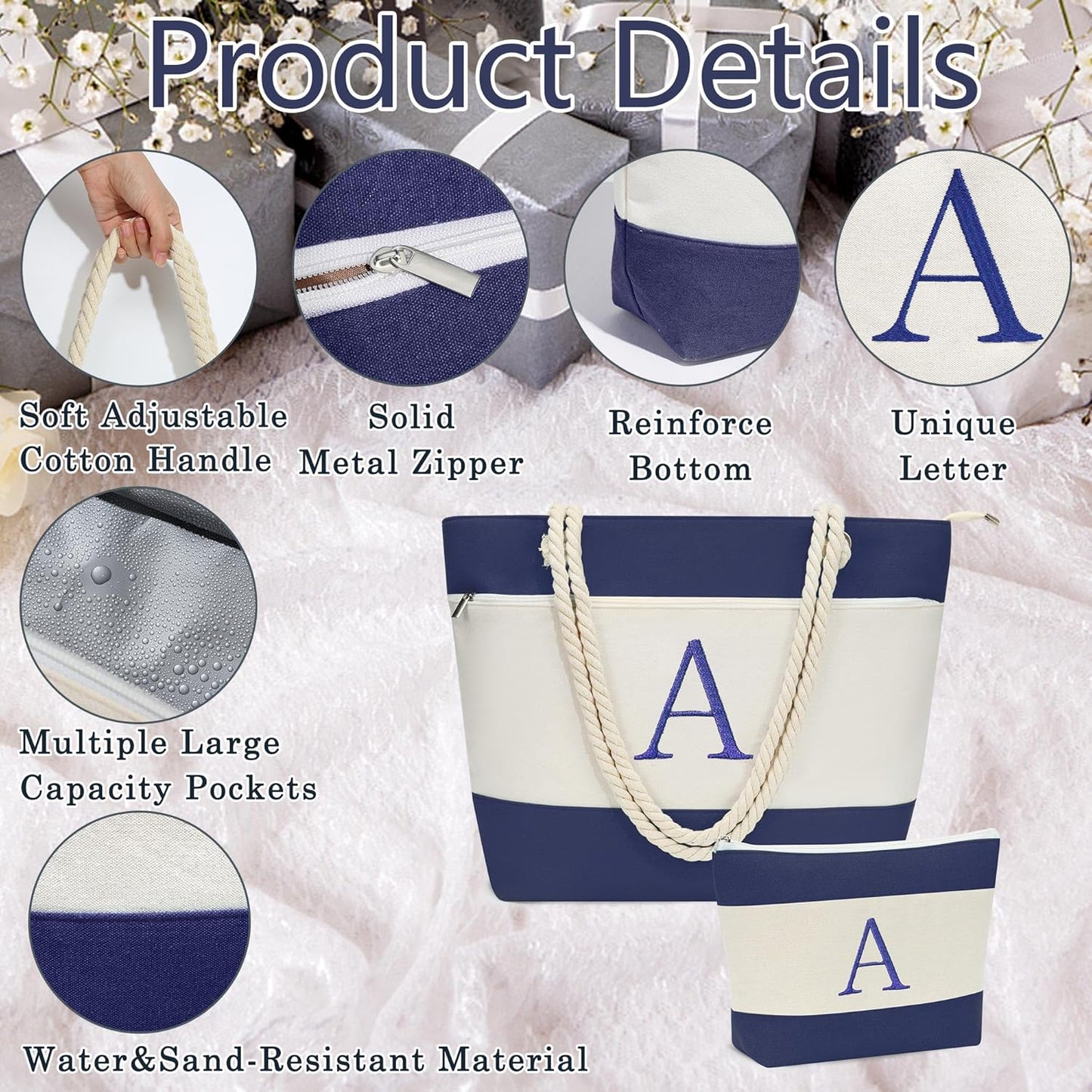 YOOLIFE Beach Bags for Women - Initial Canvas Tote Waterproof Bag with Makeup Bag Gifts for Women Mom Friend Birthday Her