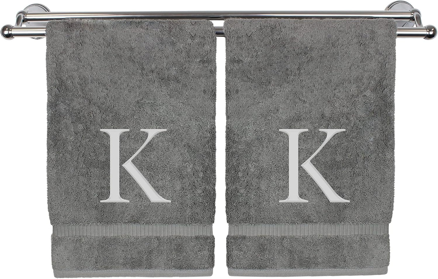 Monogrammed Hand Towel, Personalized Gift, Set of 2- Silver Block Letter Embroidered Towel - Extra Absorbent 100% Turkish Cotton - Soft Terry Finish - Initial K Gray