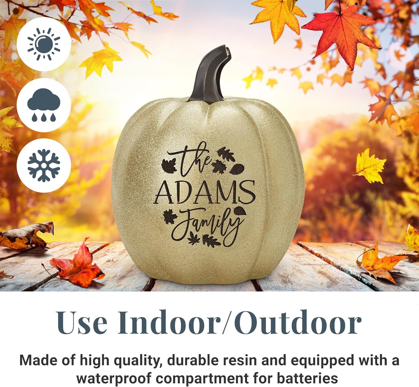 Let's Make Memories Personalized Light Up Pumpkin - Jack-o-Lantern Halloween Décor - Your Family Name on a Custom Pumpkin - Fall Decor - Light Up Indoors/Outdoors - Leaves Pattern - Orange L