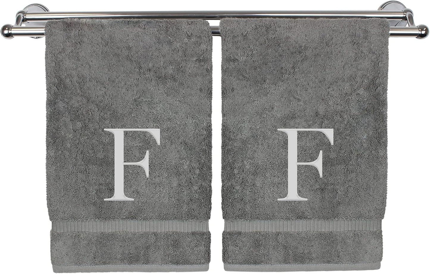 Monogrammed Hand Towel, Personalized Gift, Set of 2- Silver Block Letter Embroidered Towel - Extra Absorbent 100% Turkish Cotton - Soft Terry Finish - Initial F Gray
