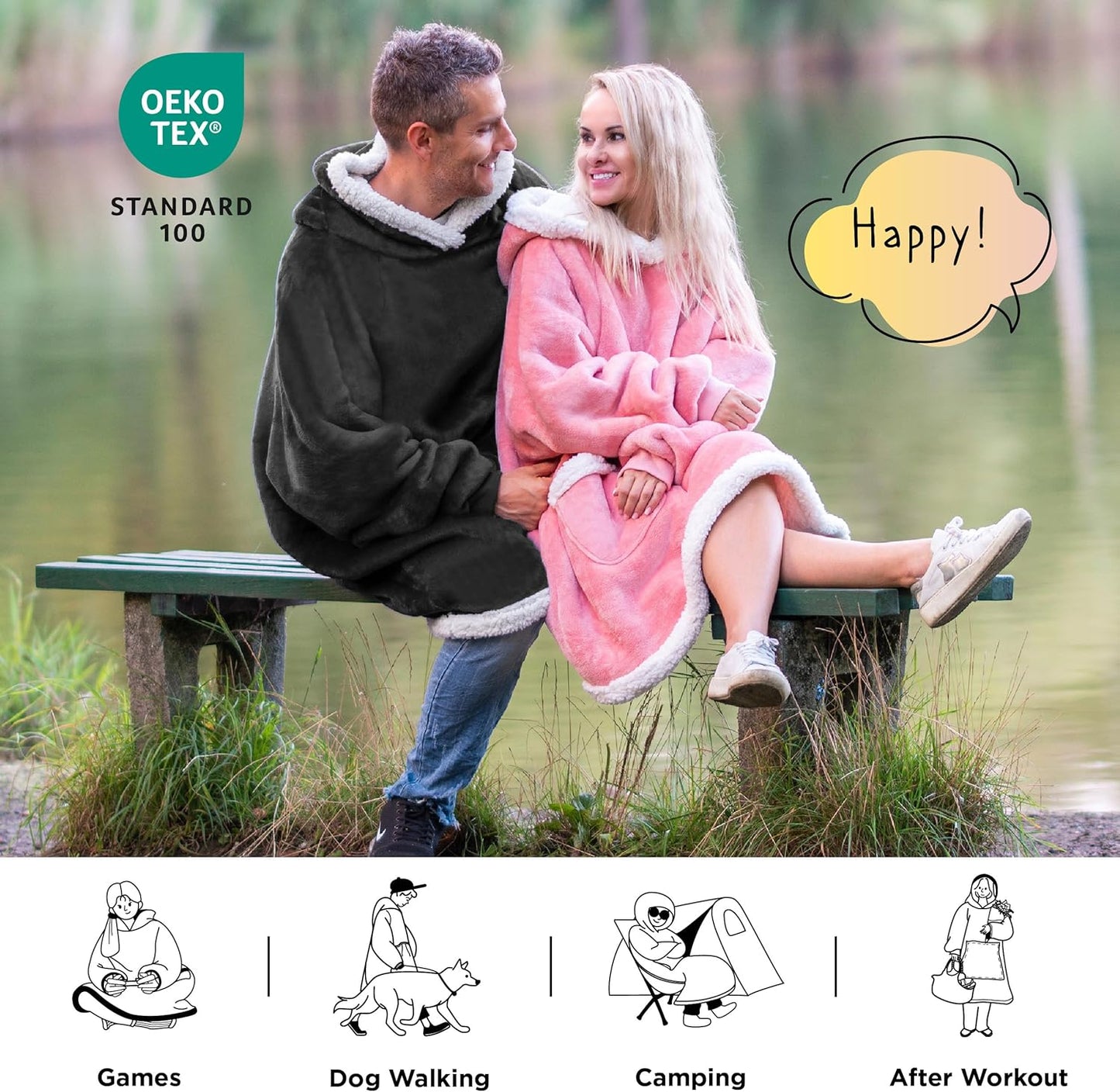 Bedsure Blanket Hoodie, Wearable Blanket for Adults & Kids as Gifts for Women Men, Birthday Gifts for Women Mom Girl Sherpa Oversized Hoodie, Grey Black, Small
