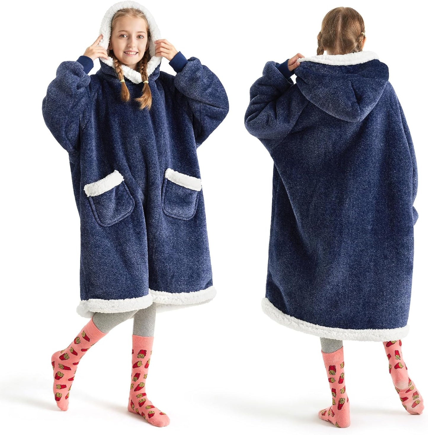 Bedsure Blanket Hoodie, Wearable Blanket for Adults & Kids as Gifts for Women Men, Birthday Gifts for Women Mom Girl Sherpa Oversized Hoodie, Ocean Blue, Kids
