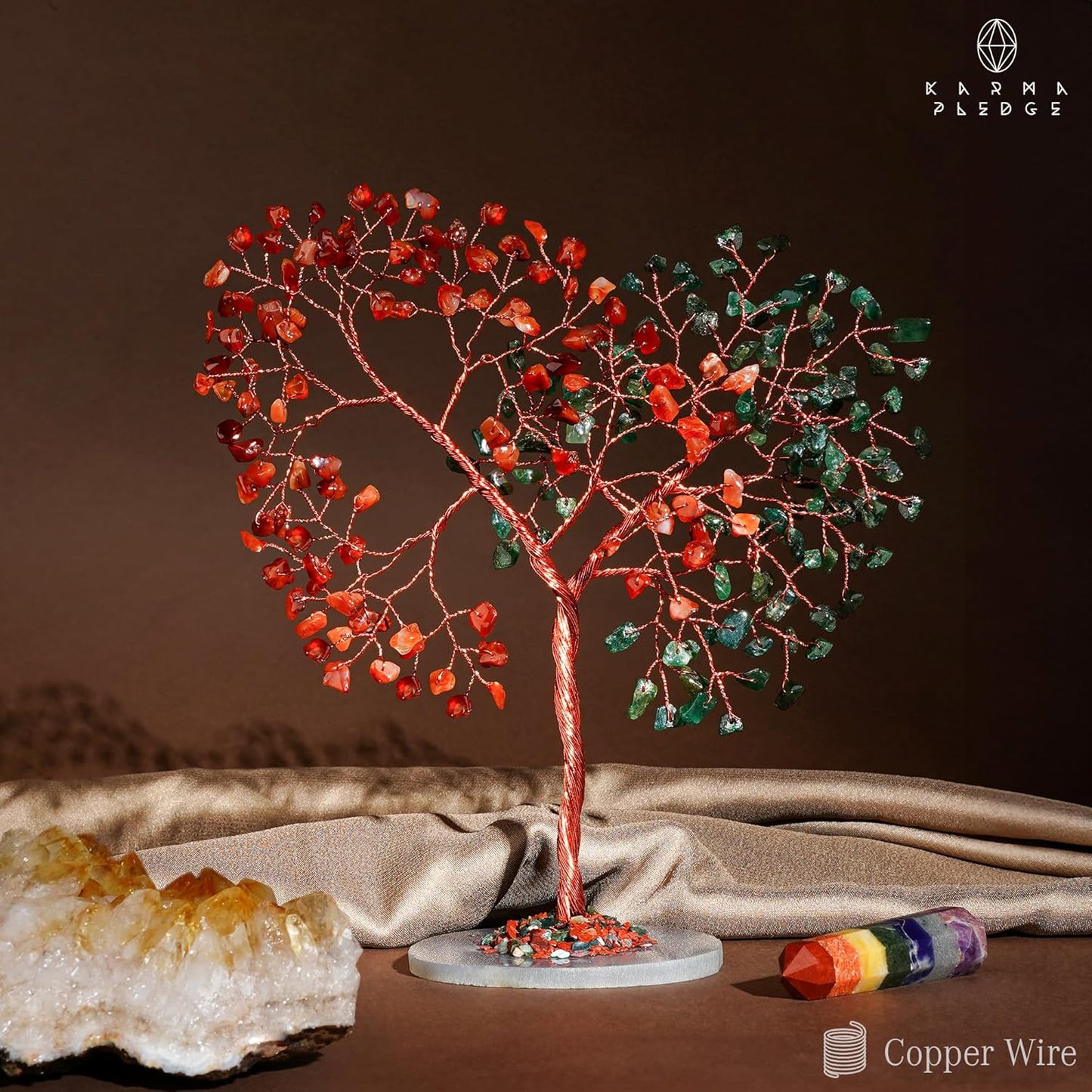 Crystal Tree for Home and Office Decoration, Carnelian & Green Aventurine Healing Stones Handmade Tree of Life for Positive Energy, Money, Good Luck, Christmas Decor, Birthday Gifts for Women, Mom