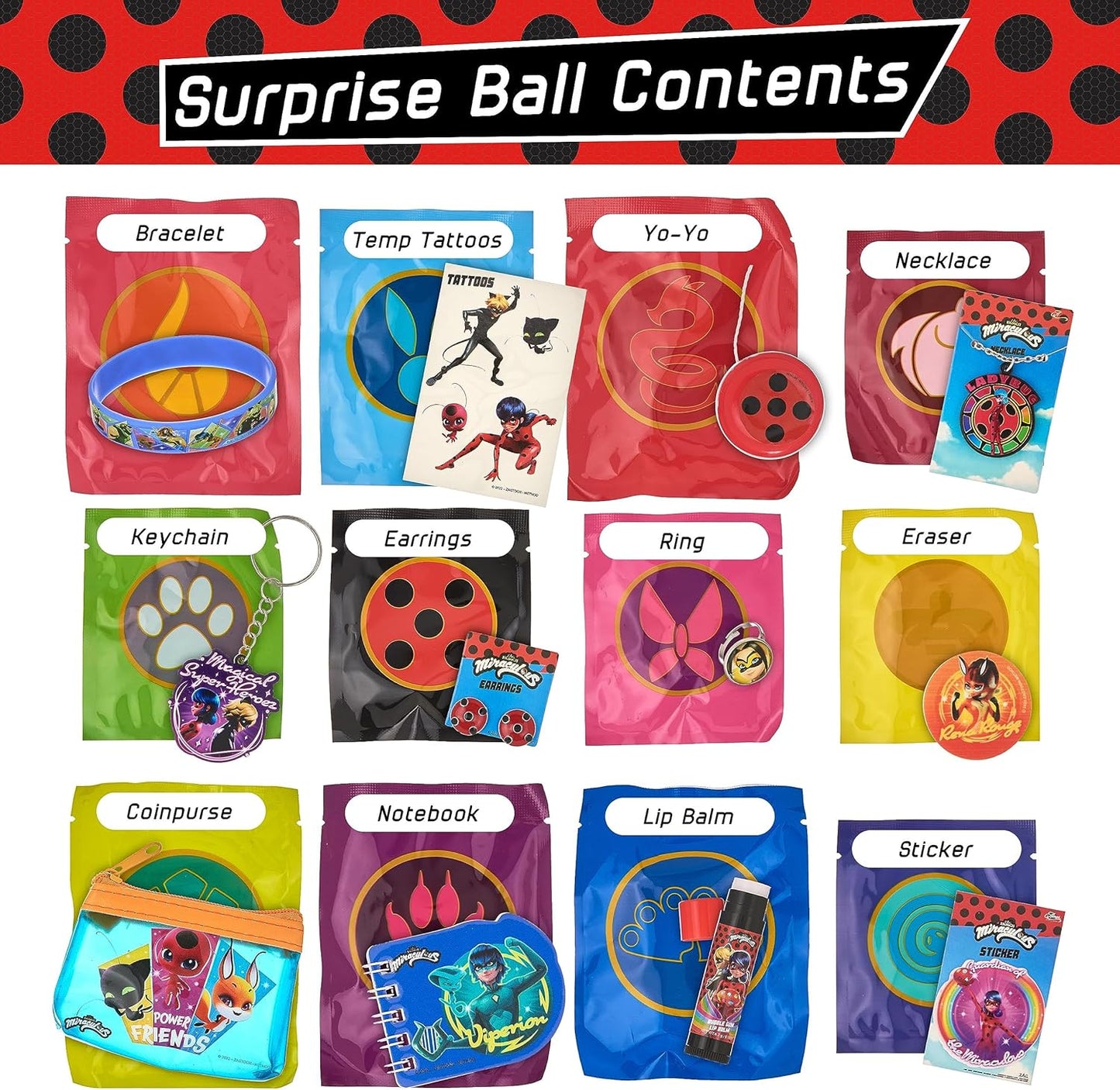 Miraculous 13pc Surprise Miracle Box -Zag Heroez Themed Ladybug and Cat Noir Toys Surprise with Stickers for Kids, Treasure Prizes, Birthday Favors