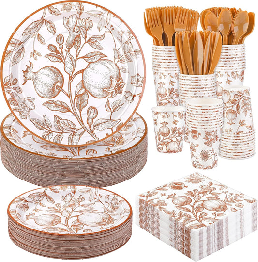 400 Pieces Fall Vintage Pomegranate Disposable Party Tableware Sets Including Orange Floral Plates Cups Napkins Cutlery Serves 50 for Thanksgiving Wedding Baby Shower Party Decorations
