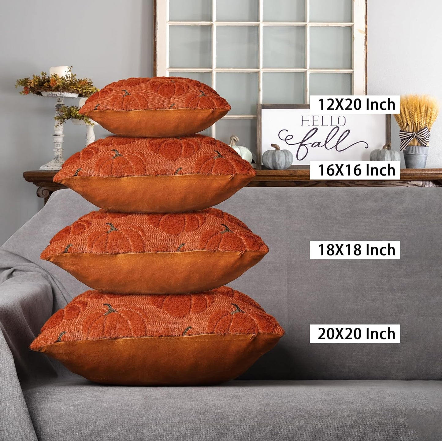 4TH Emotion Fall Pumpkins Decorative Pillow Covers 18x18 Set of 2, Dark Rust Red Soft Plush Faux Fur Wool Farmhouse Throw Cushion Cases for Autumn Thanksgiving Holiday Home Decorations