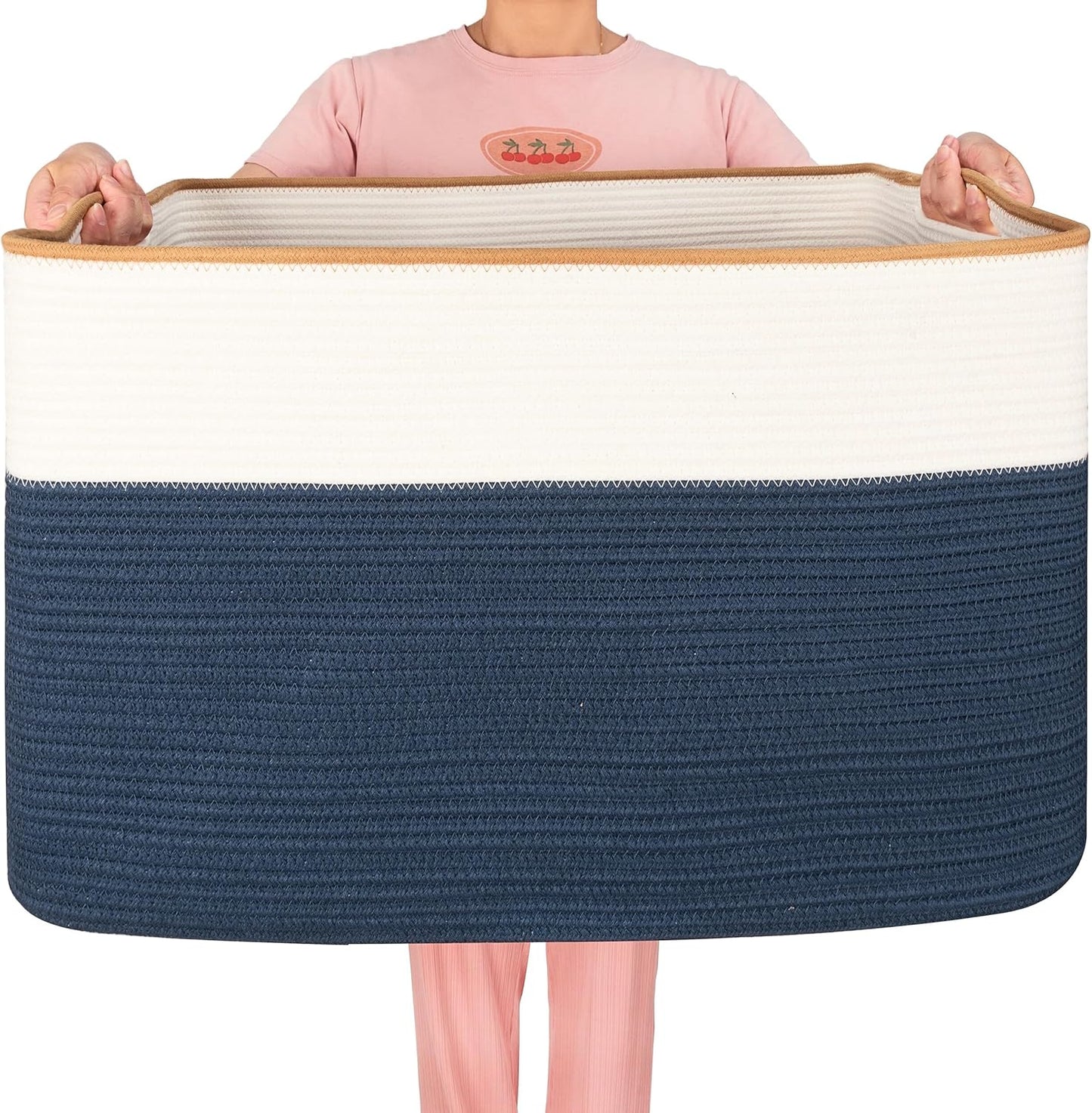 MINTWOOD Design 112L Extra Large Blanket Basket Holder Living Room, 25"x17"x16" Rectangle Rope Woven Storage Basket with Handles for Laundry, Towels, Shoes, Dog Toy Organizer Bin Box, Prussian Blue